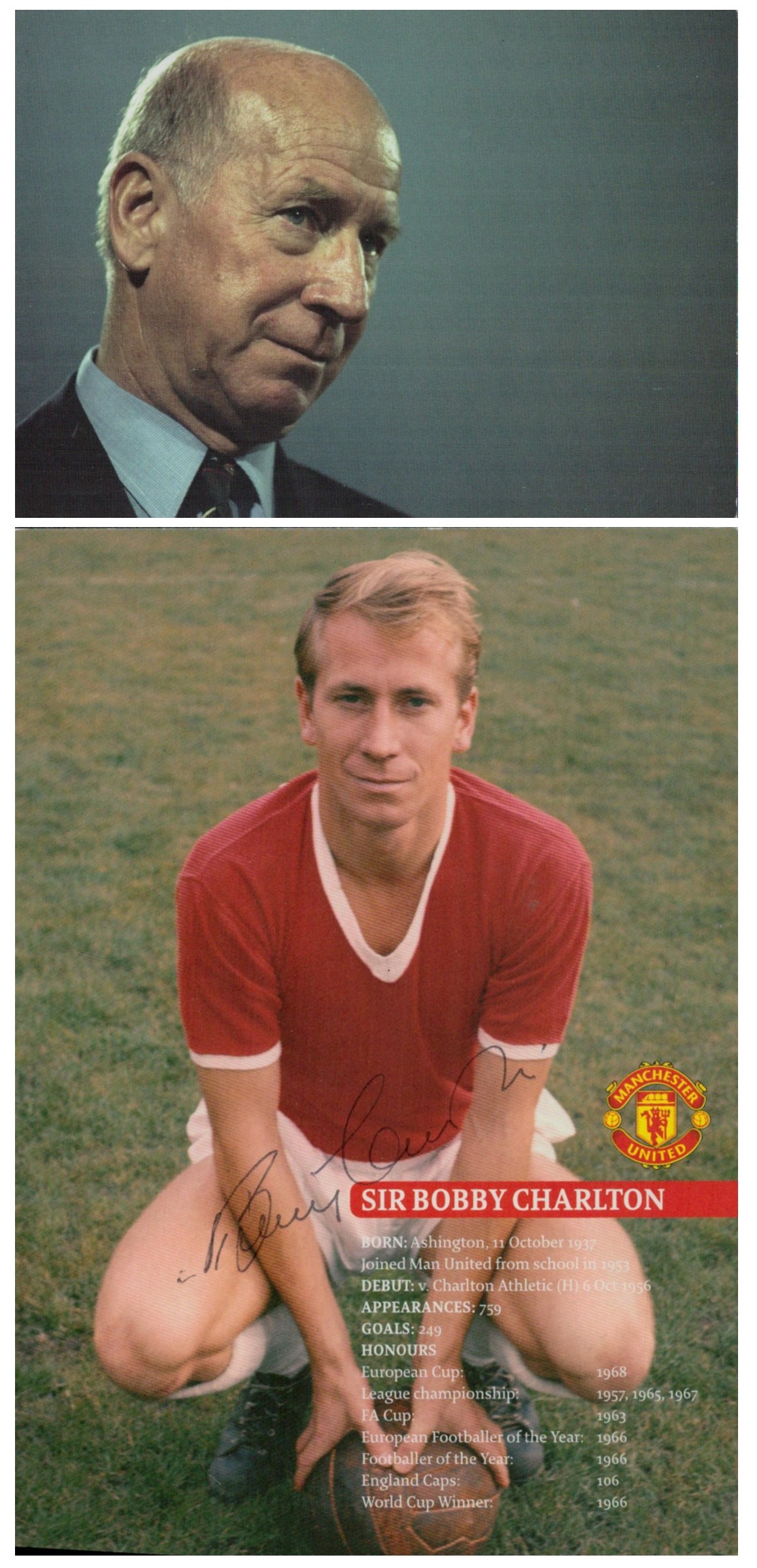 Sir Bobby Charlton, CBE signed Promo Card Approx. 6x4 Inch. Plus, unsigned Hardback Book Author