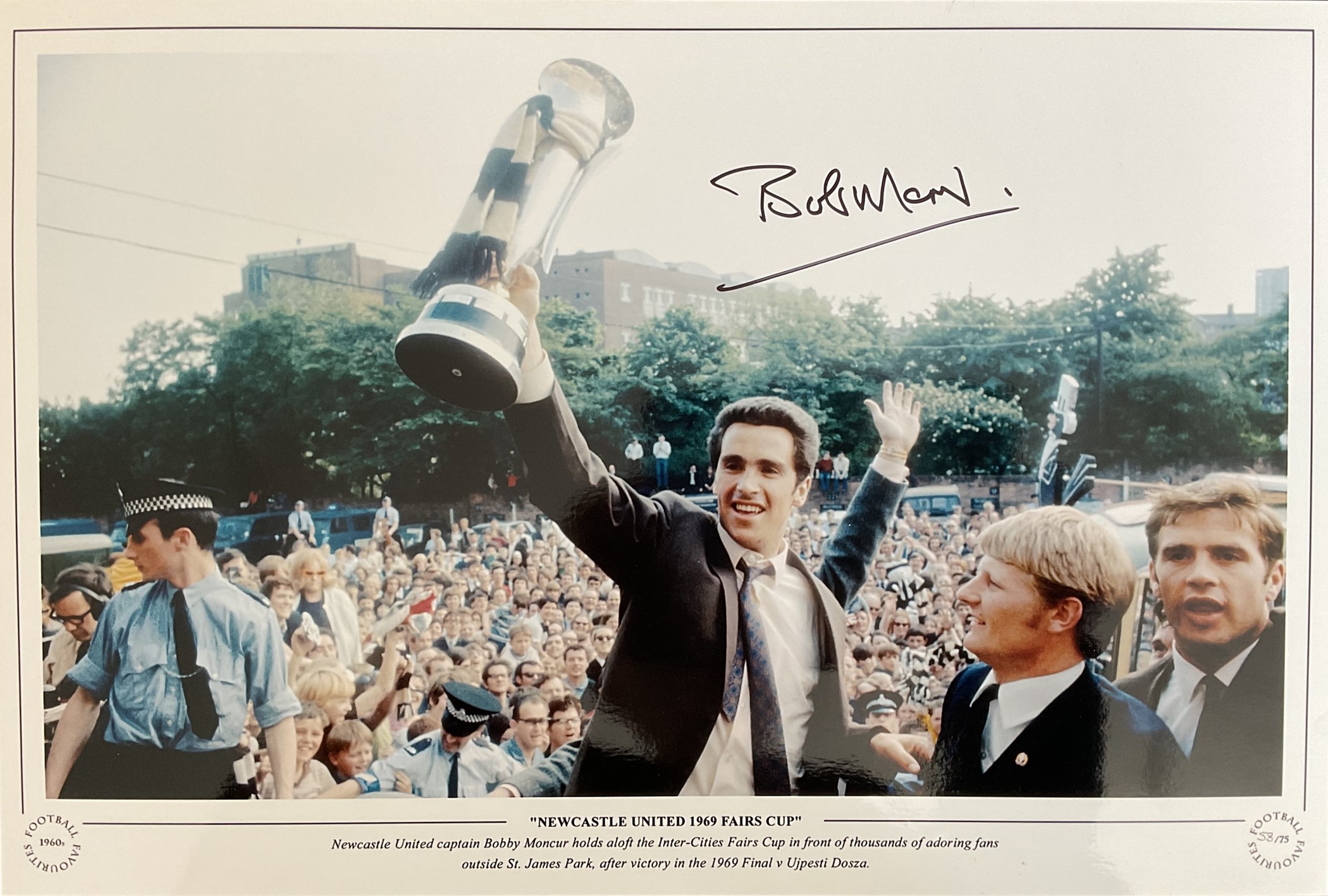 Football Bobby Moncur signed Newcastle United 1969 Fairs Cup colour print pictured celebrating