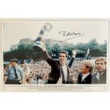 Football Bobby Moncur signed Newcastle United 1969 Fairs Cup colour print pictured celebrating