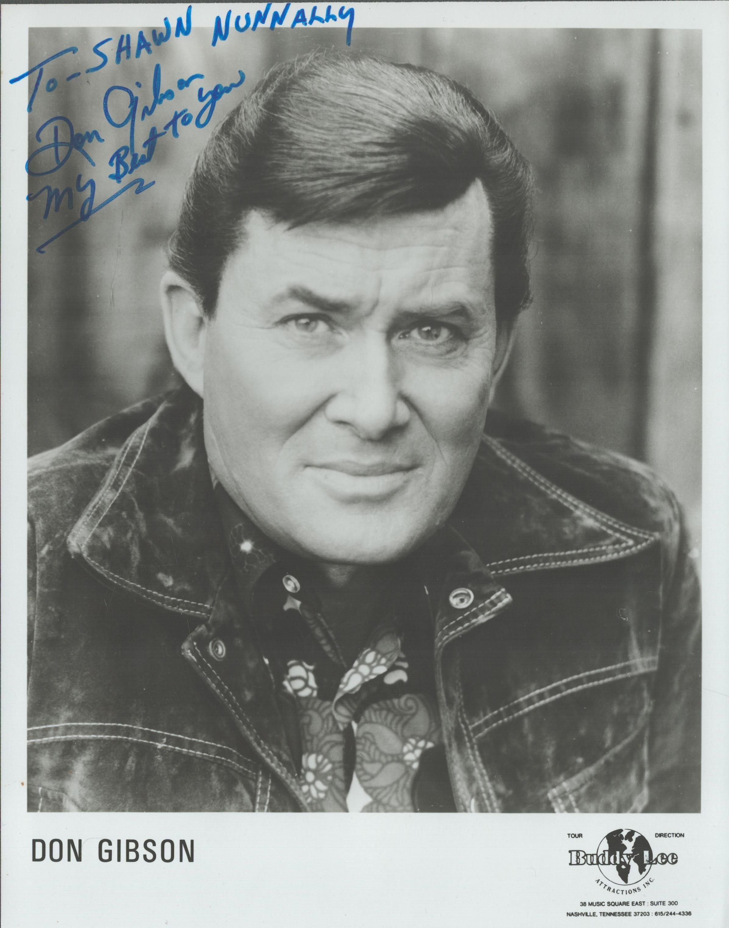 Don Gibson signed 10x8 inch black and white promo photo dedicated. Good Condition. All autographs