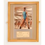 Jamie Lee Curtis signed cheque 08/09/1980 with colour photo from the movie Perfect. Framed. Measures