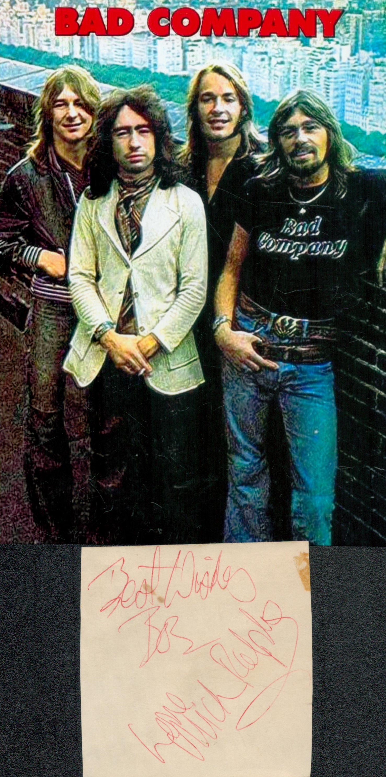 BAD COMPANY Rock Supergroup signed vintage Page by Mick Ralphs and Boz Burrell 1946-2006 with Photo.