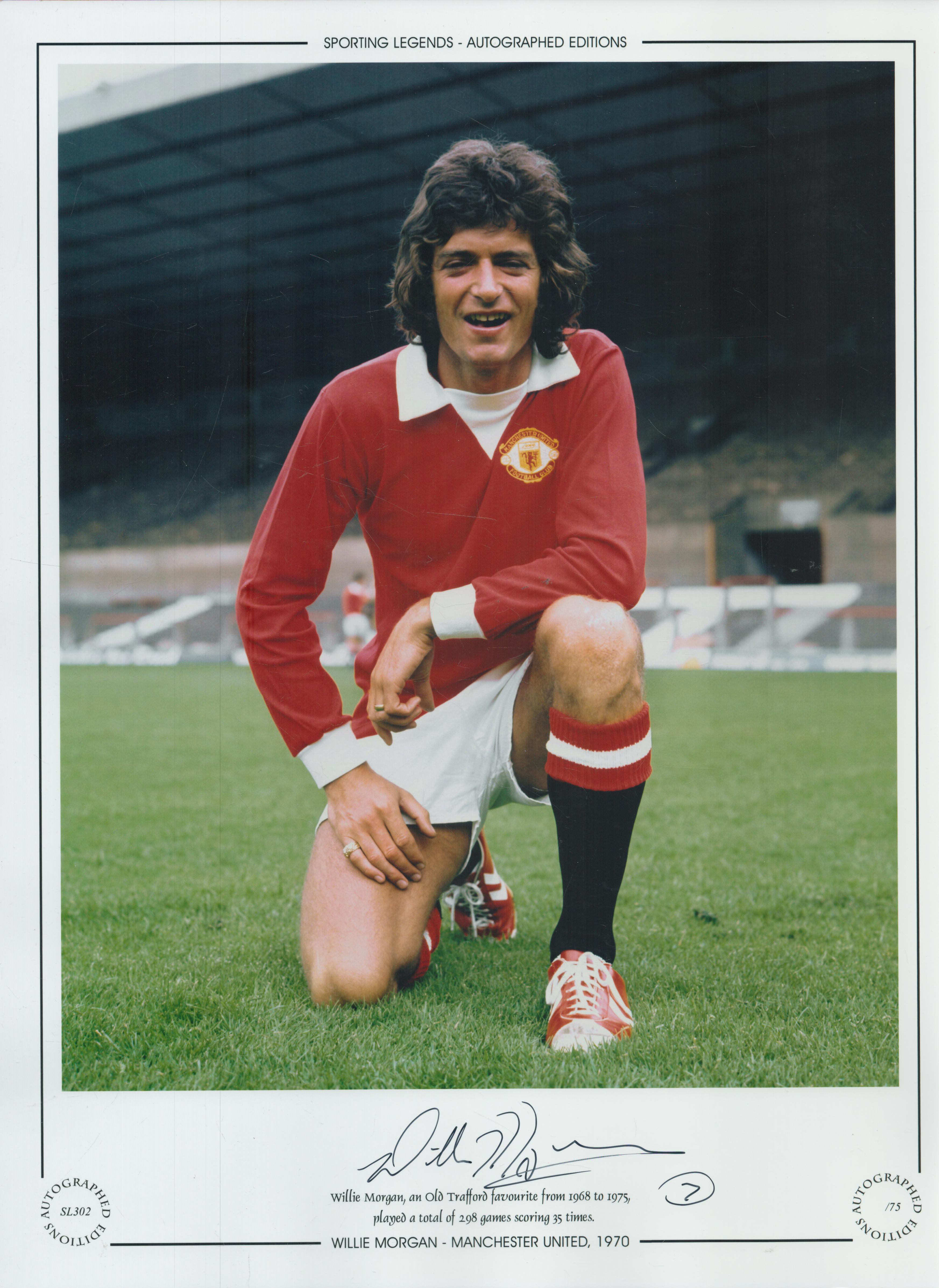 Autographed WILLIE MORGAN 16 x 12 Limited Edition : Col, depicting Man United winger WILLIE MORGAN