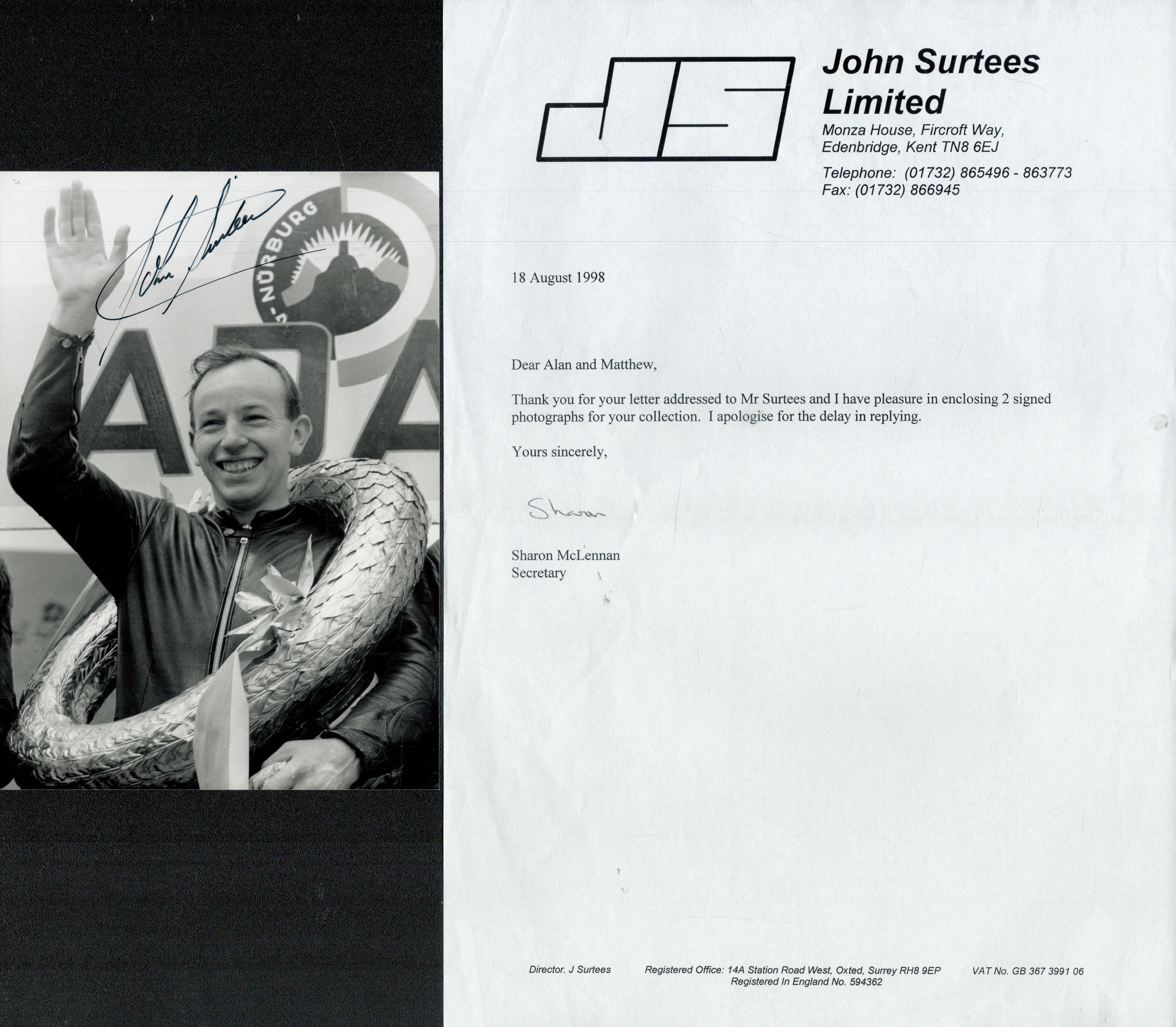 John Surtees signed 7x5 inch black and white photo. Good Condition. All autographs come with a