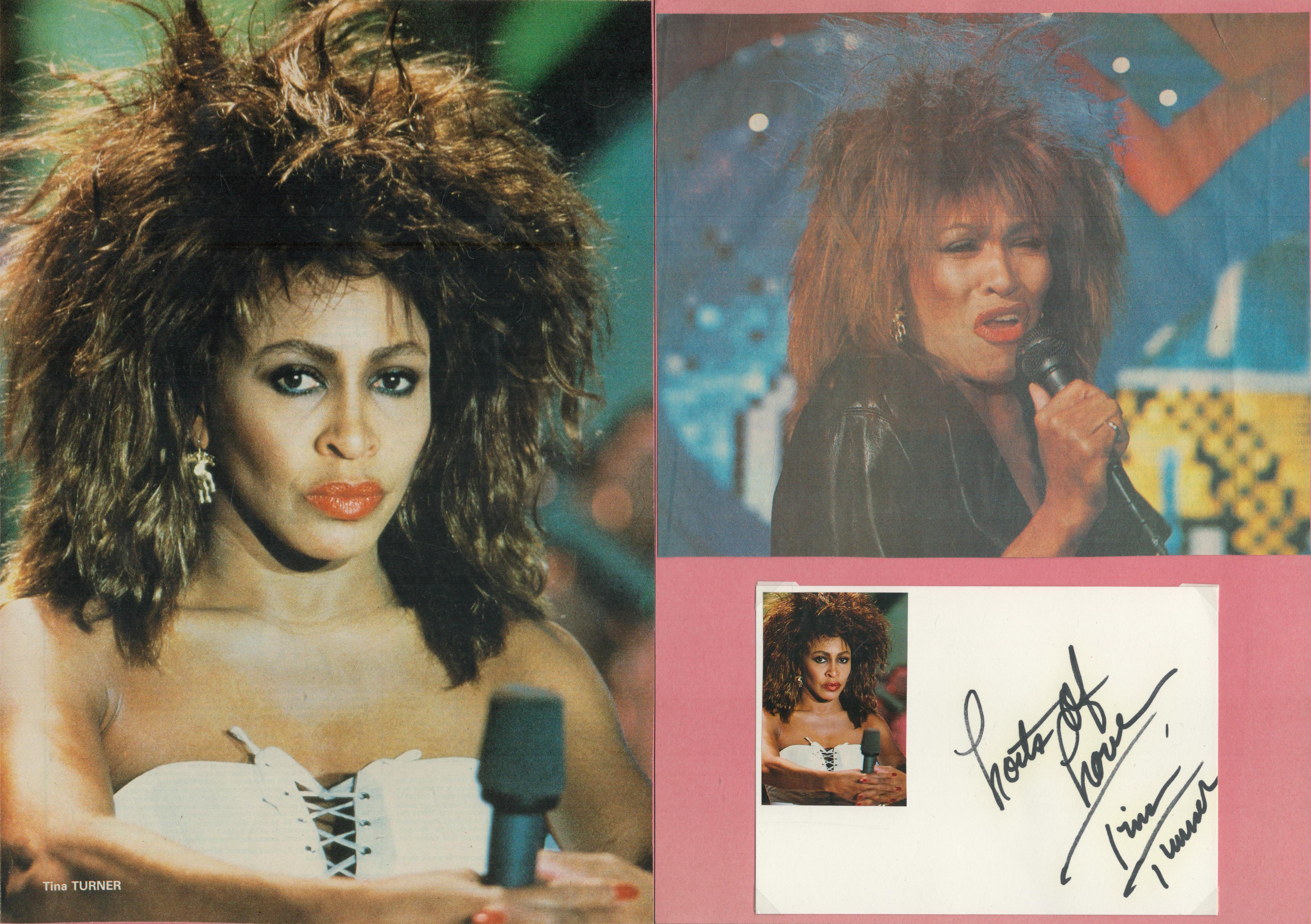 Tina Turner signed 6x4 inch card with three unsigned photos. Good Condition. All autographs come