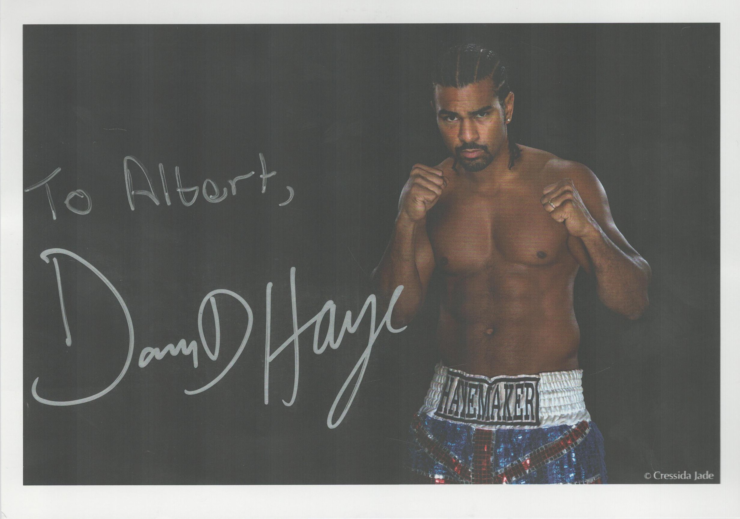 David Haye signed 8x6 inch approx. colour photo. Dedicated. Good Condition. All autographs come with