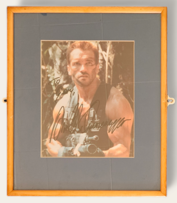 Arnold Schwarzenegger signed colour photo, from the movie Predator. Dedicated. Framed. Measures 13