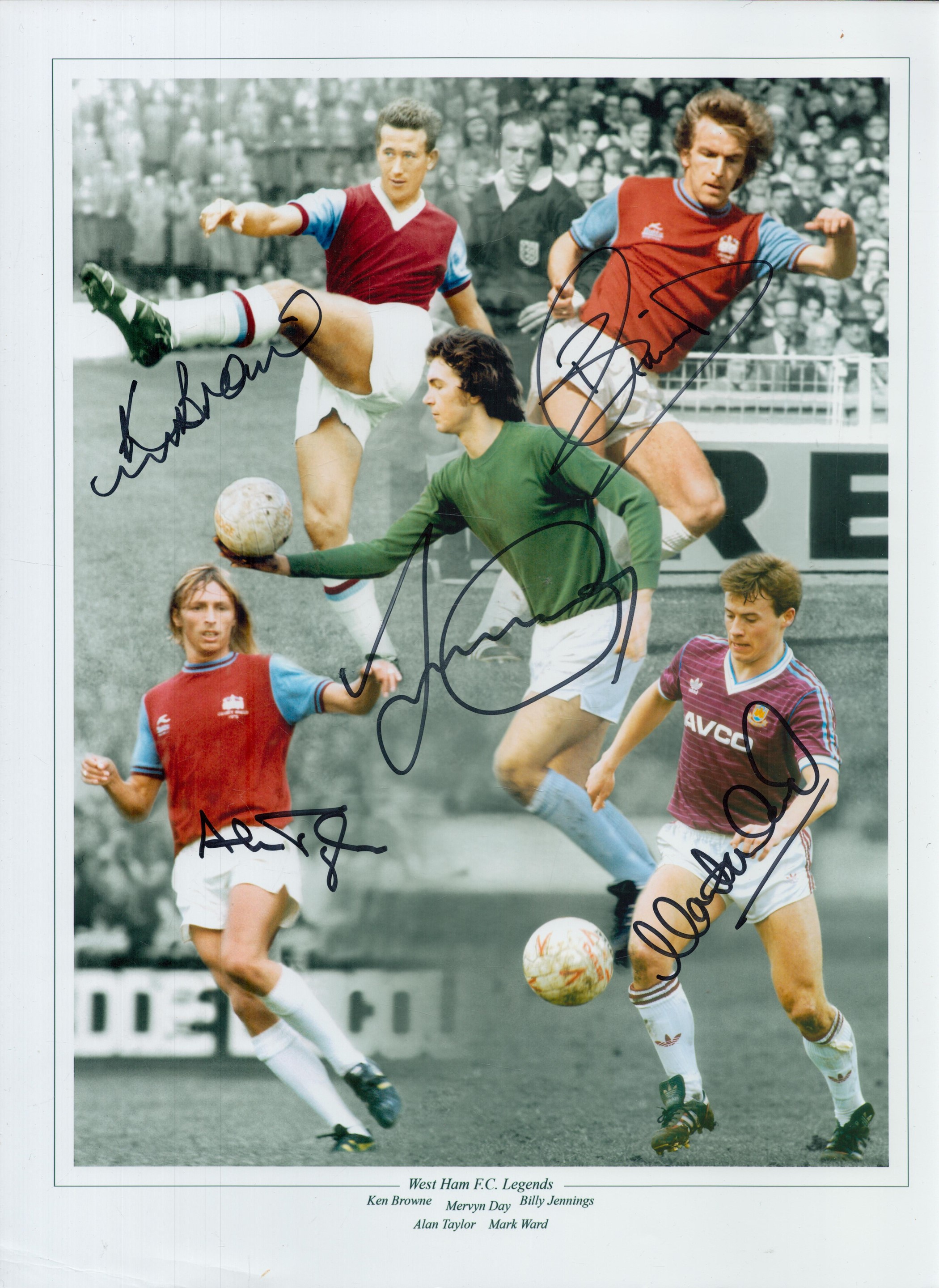 Football West Ham Legends 16x12 colour enhanced montage photo signed by Kenny Browne, Mervyn Day,