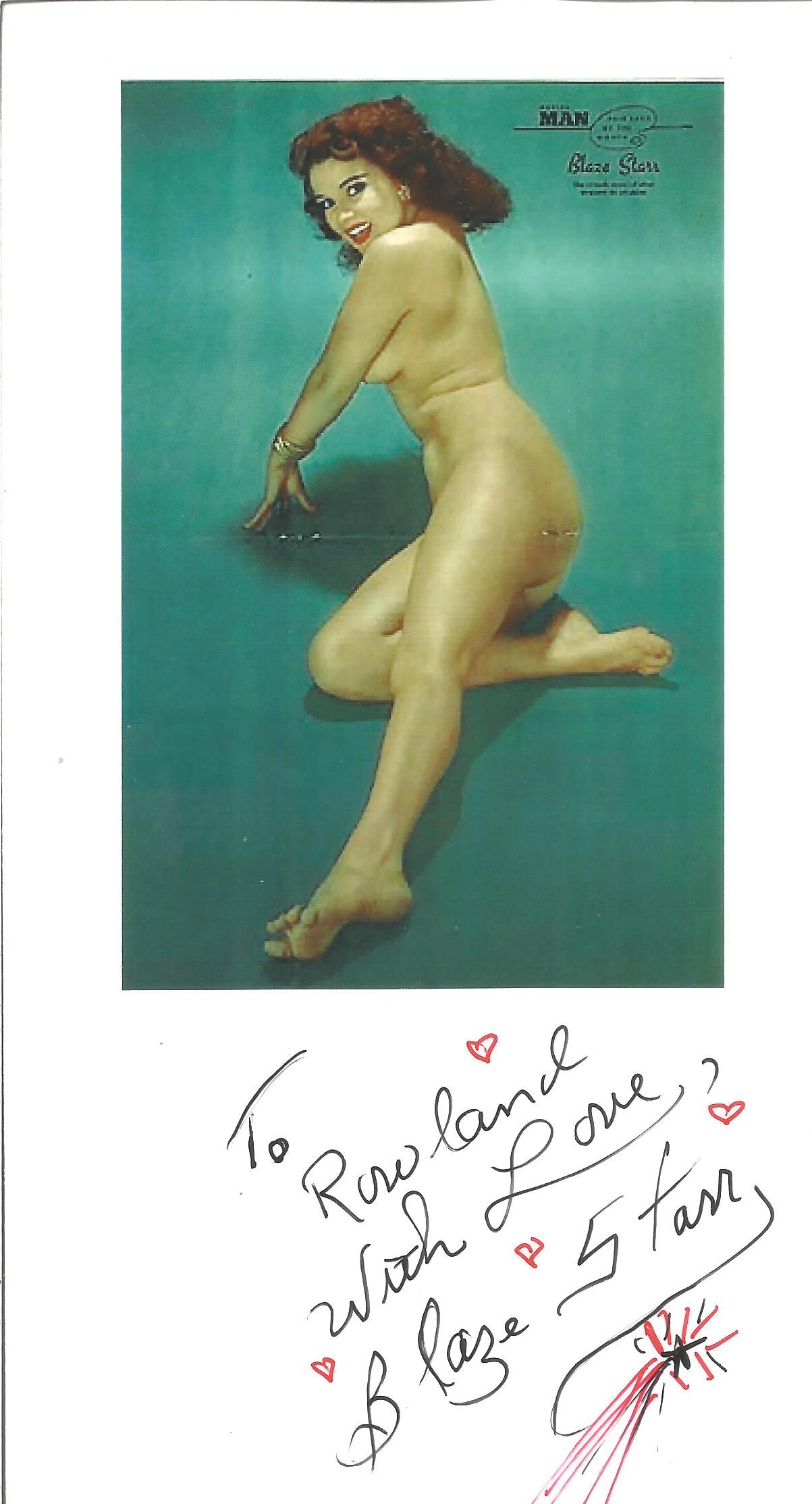 Blaze Starr US burlesque star signed 7x5 inch approx. page with colour image dedicated. Good