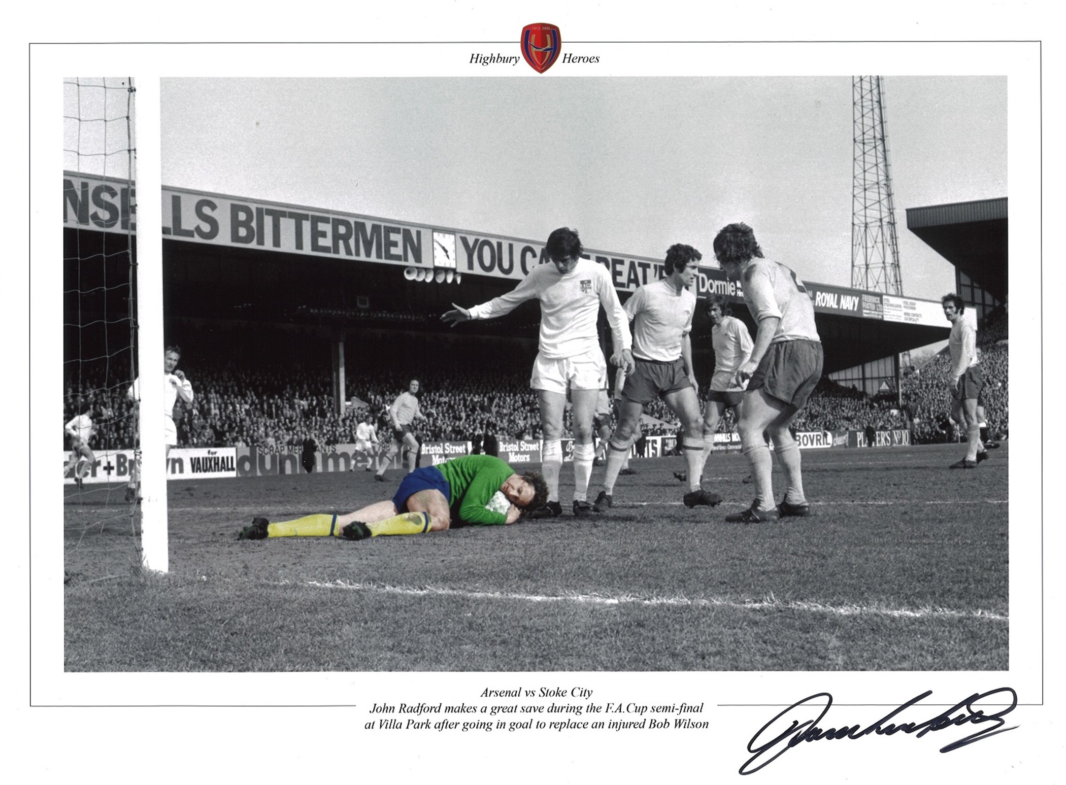 John Radford signed 16x12 colourised promo photograph pictured as he makes a save during the FA