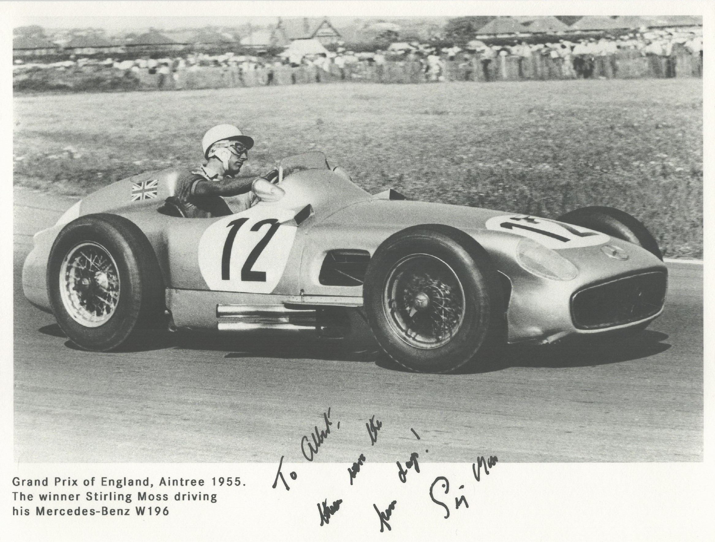 Stirling Moss signed 8x6 inch Grand Prix of England Aintree 1955 black and white photo. Dedicated.