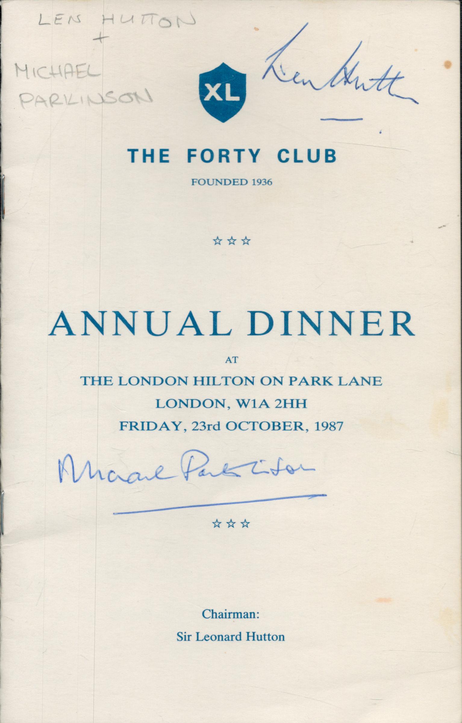 Len Hutton and Michael Parkinson signed dinner menu from 1987. Good Condition. All autographs come