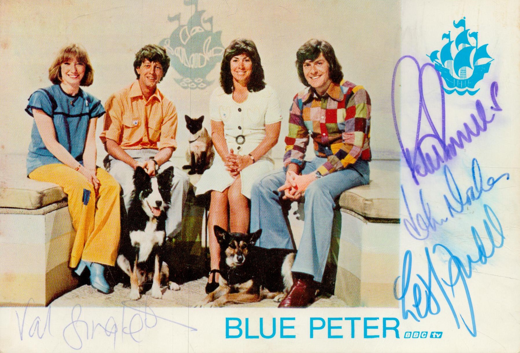 Blue Peter vintage multi signed 7x5 inch colour promo photo presenters Valerie Singleton, Lesley