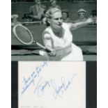 DARLENE HARD 1936-2021French and US Open Winner signed card with Tennis Photo . Good Condition.
