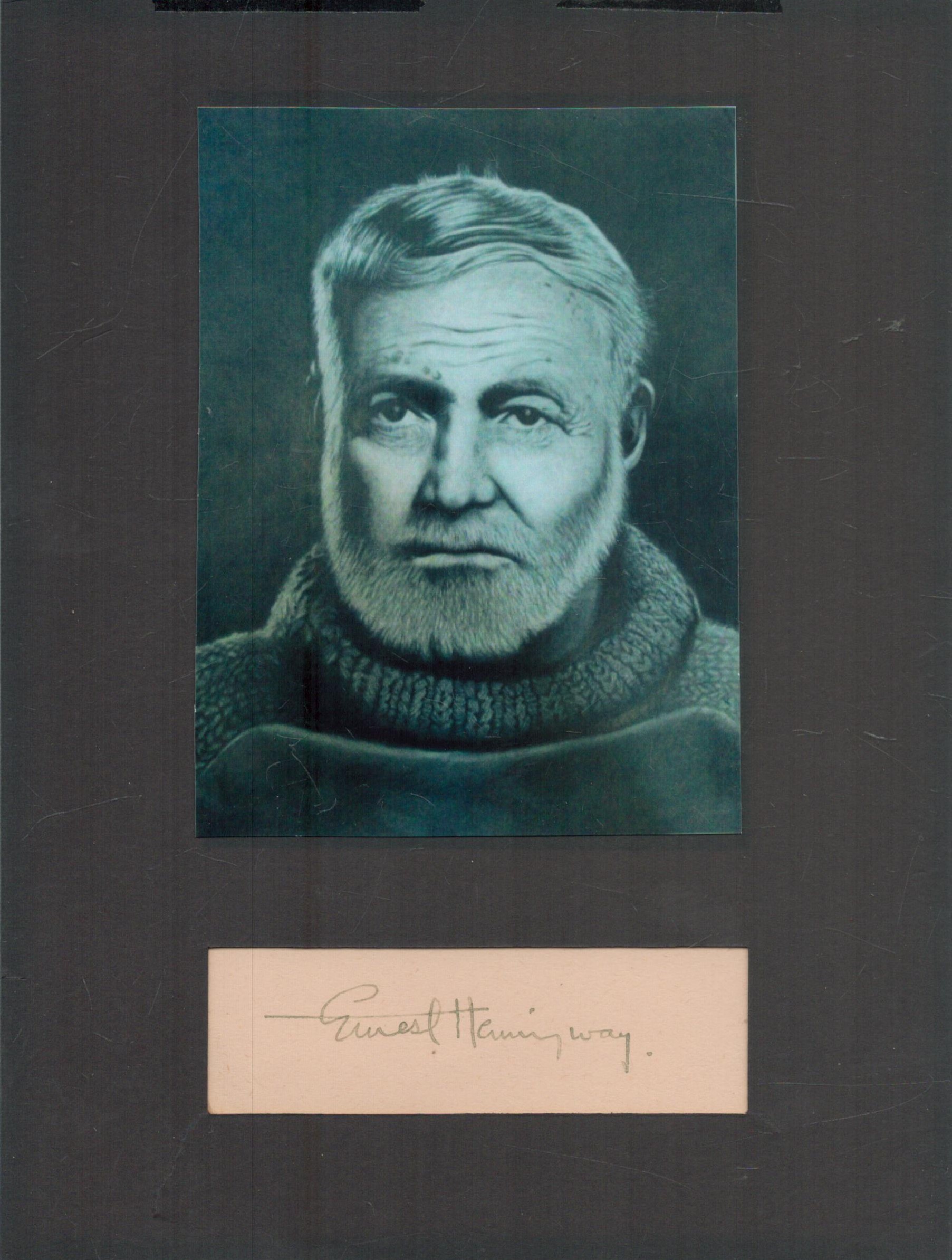 Ernest Hemingway signature piece 8x6 inch overall, small signature mounted with black and white