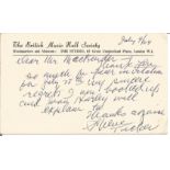 Sophie Tucker signed British Music Hall Society headed card dated July 9/64. Good Condition. All