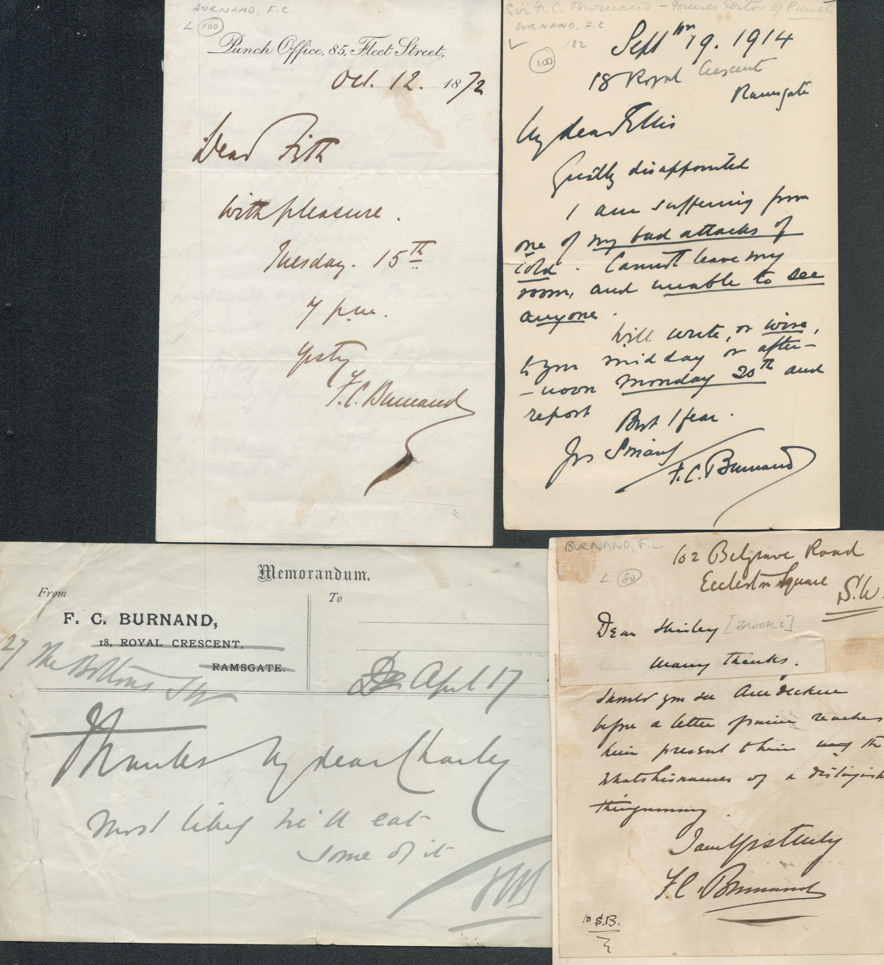 F. C. Burnand signed letters. Three ALS by Sir Francis Cowley Burnand (29 November 1836 - 21 April