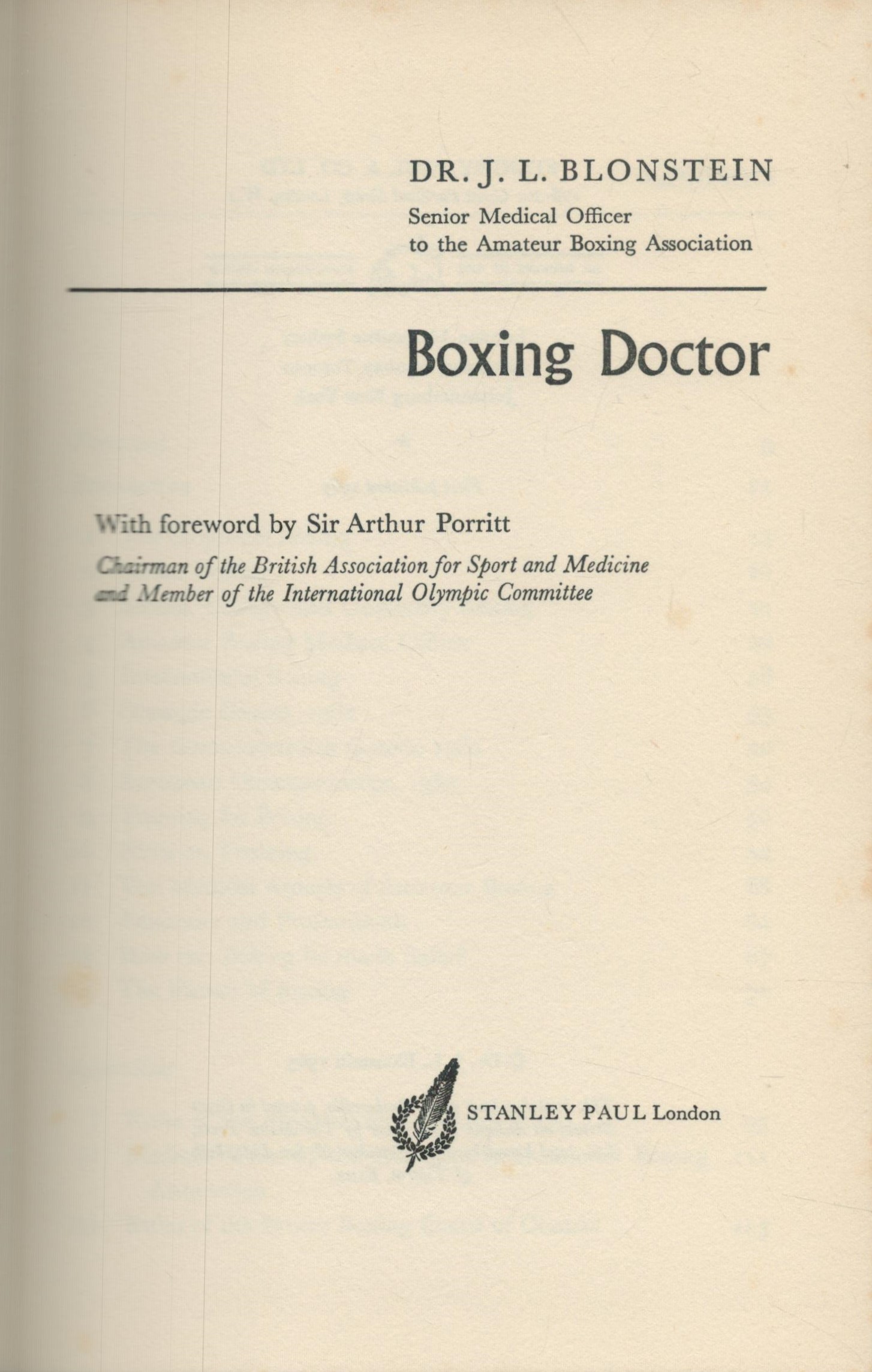 Boxing Doctor by Dr. J.L. Blonstein Hardback book, 127 pages. Some pencil marks on pages. Good - Image 2 of 3