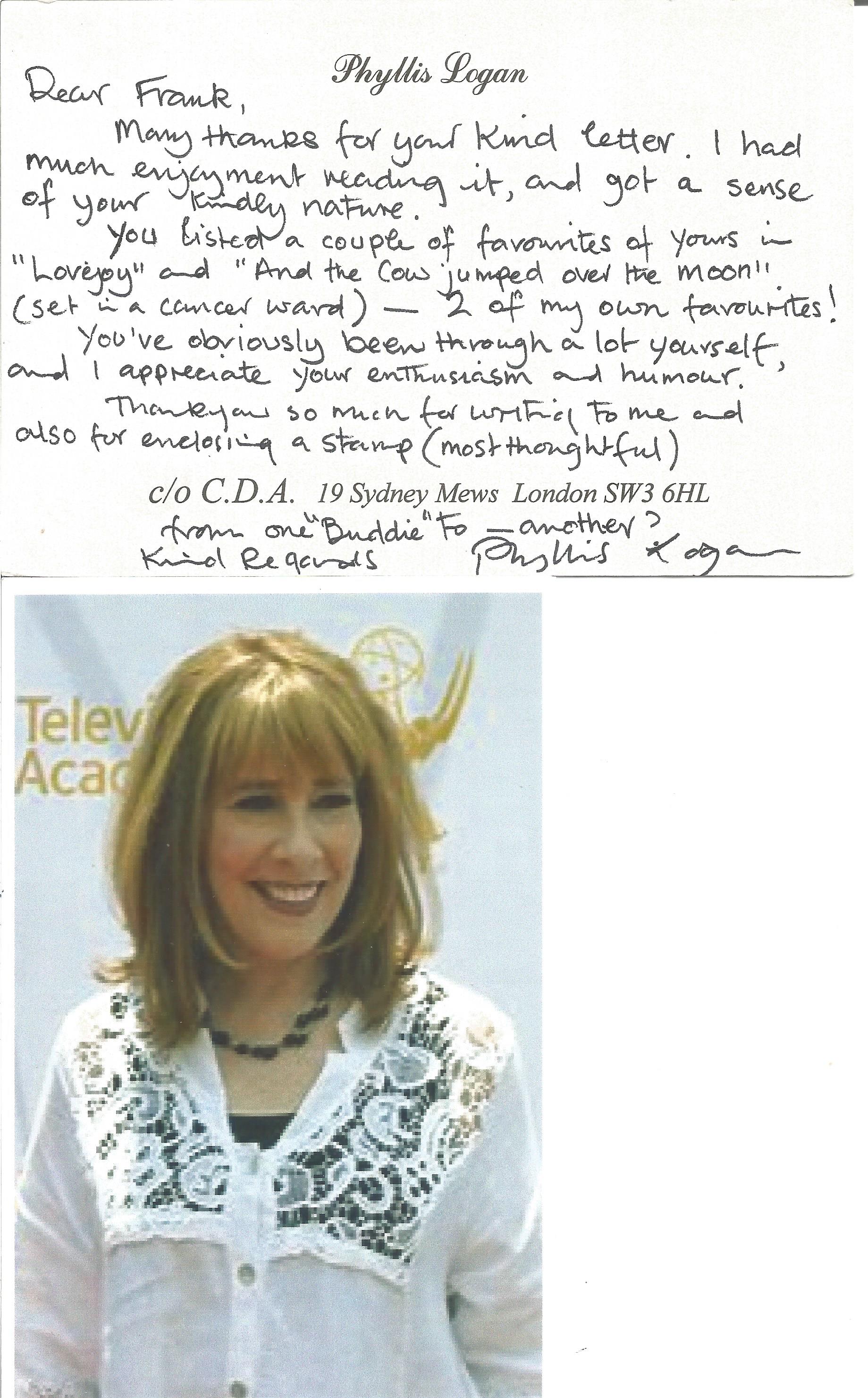 Phyllis Logan signed ALS on headed white card with 6x4 inch colour photo. Good Condition. All