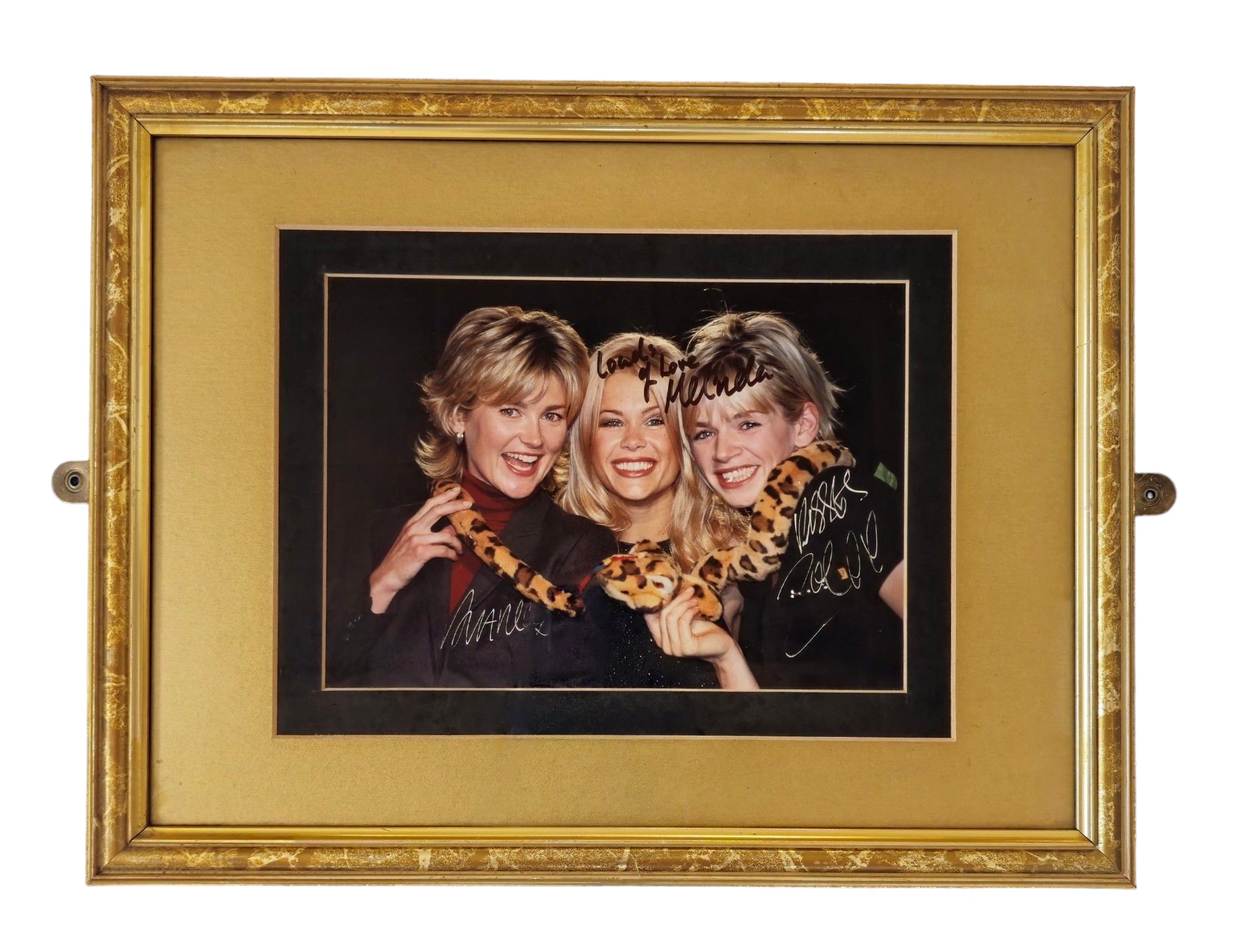 Anthea Turner, Melinda Messenger and Zoe Ball multi signed colour photo. Framed. Measures 17 inch by