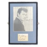 Tony Curtis signature piece, with black and white photo. Dedicated. Framed. Measures 11 inch by 16-