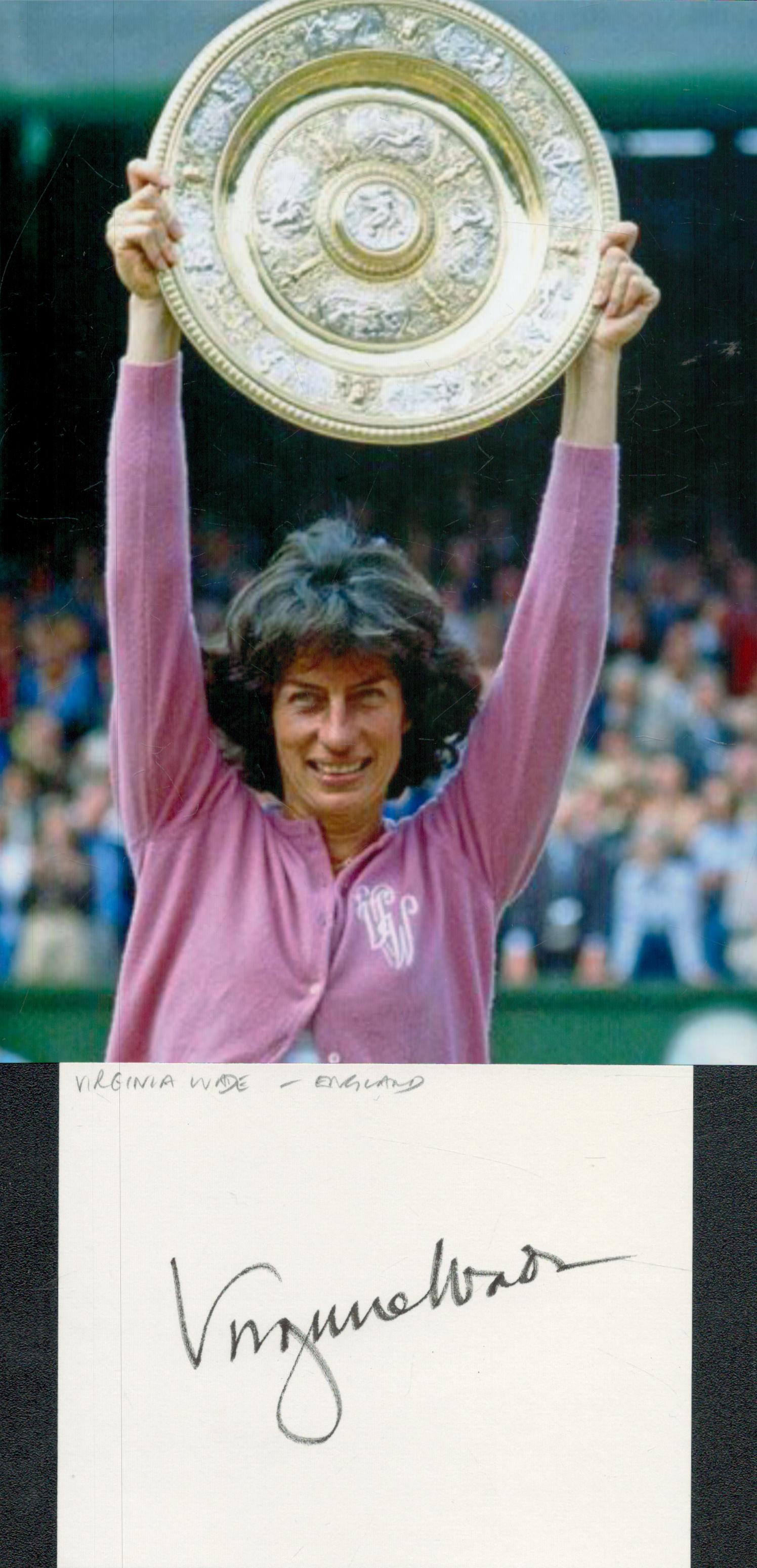 VIRGINIA WADE 1977 Wimbledon Open Winner signed card with Tennis Photo. Good Condition. All