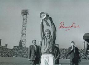 Autographed DENIS LAW 16 x 12 Photo : B/W, depicting Manchester United captain DENIS LAW holding