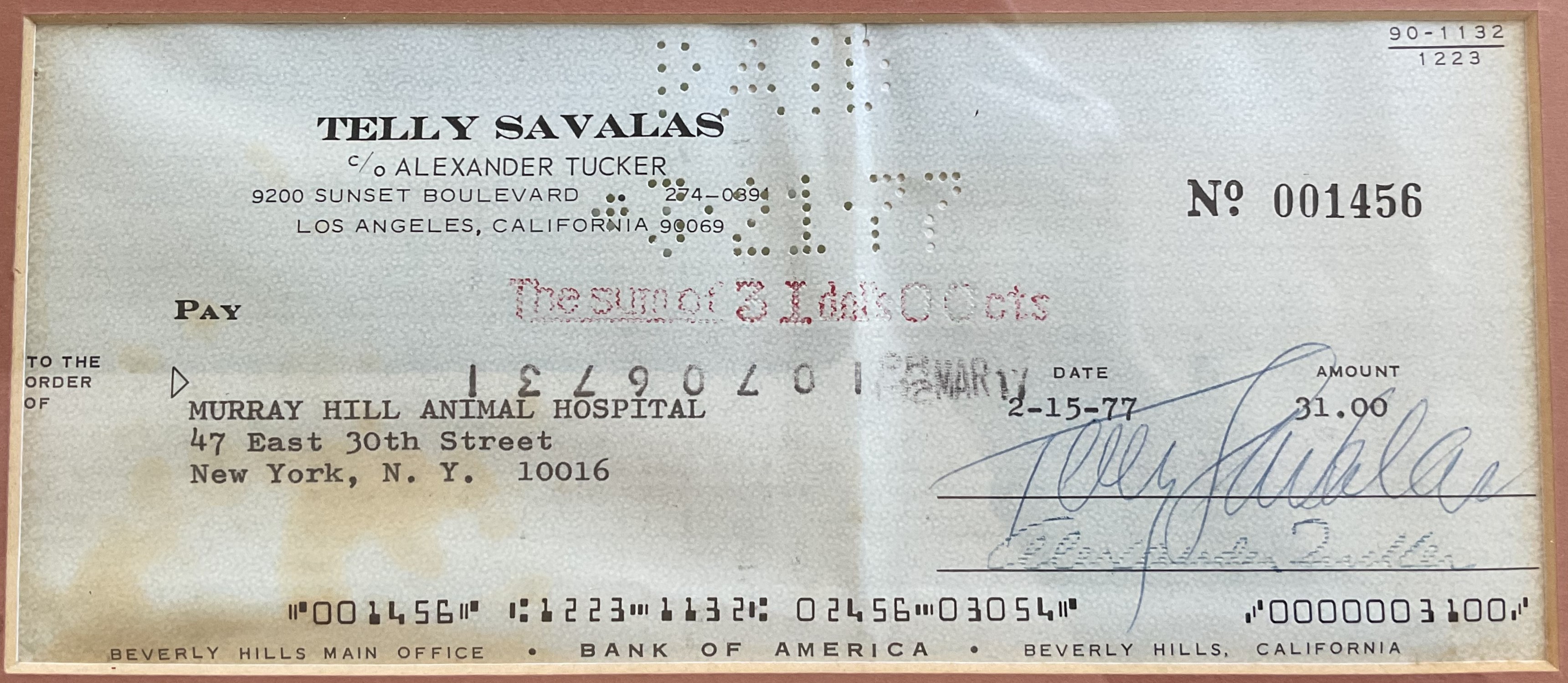 Telly Savalas Signed cheque 15/02/1977, with colour photo. Framed. Measures 11 inch by 16-inch appx. - Image 2 of 2