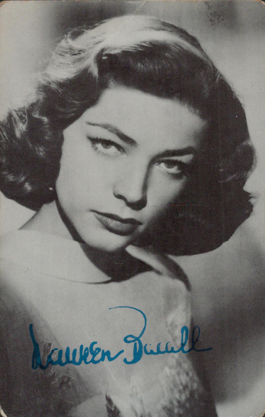Lauren Bacall signed Black and White Post Card 5.5x3.5 Inch. Was an American actress. Good