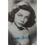 Lauren Bacall signed Black and White Post Card 5.5x3.5 Inch. Was an American actress. Good