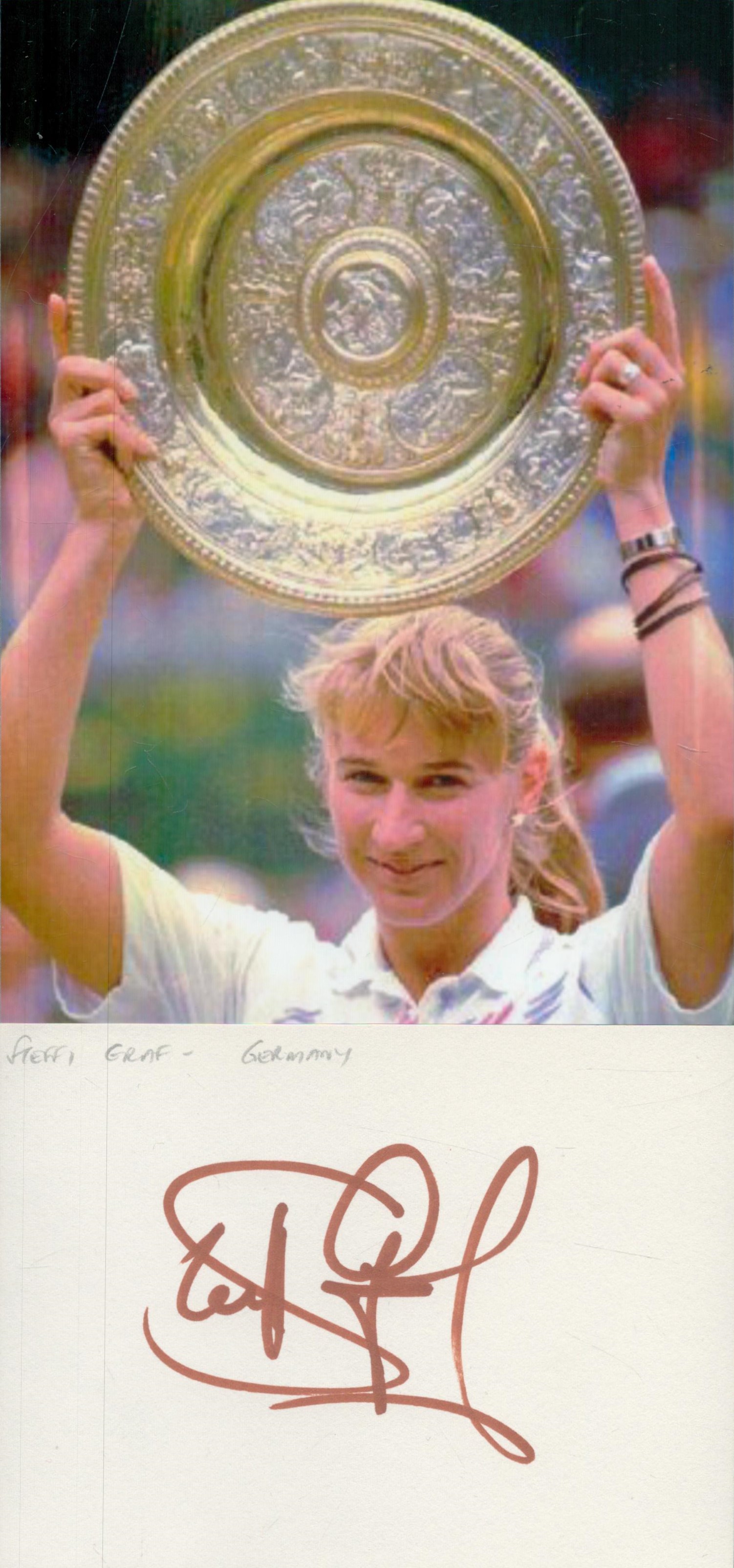 STEFFI GRAF Tennis Legend signed card with Wimbledon Open Photo . Good Condition. All autographs