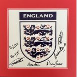 England 3 Lions mounted multi signed signature piece, Gordon Banks, Ray Wilson, Roger Hunt, Geoff