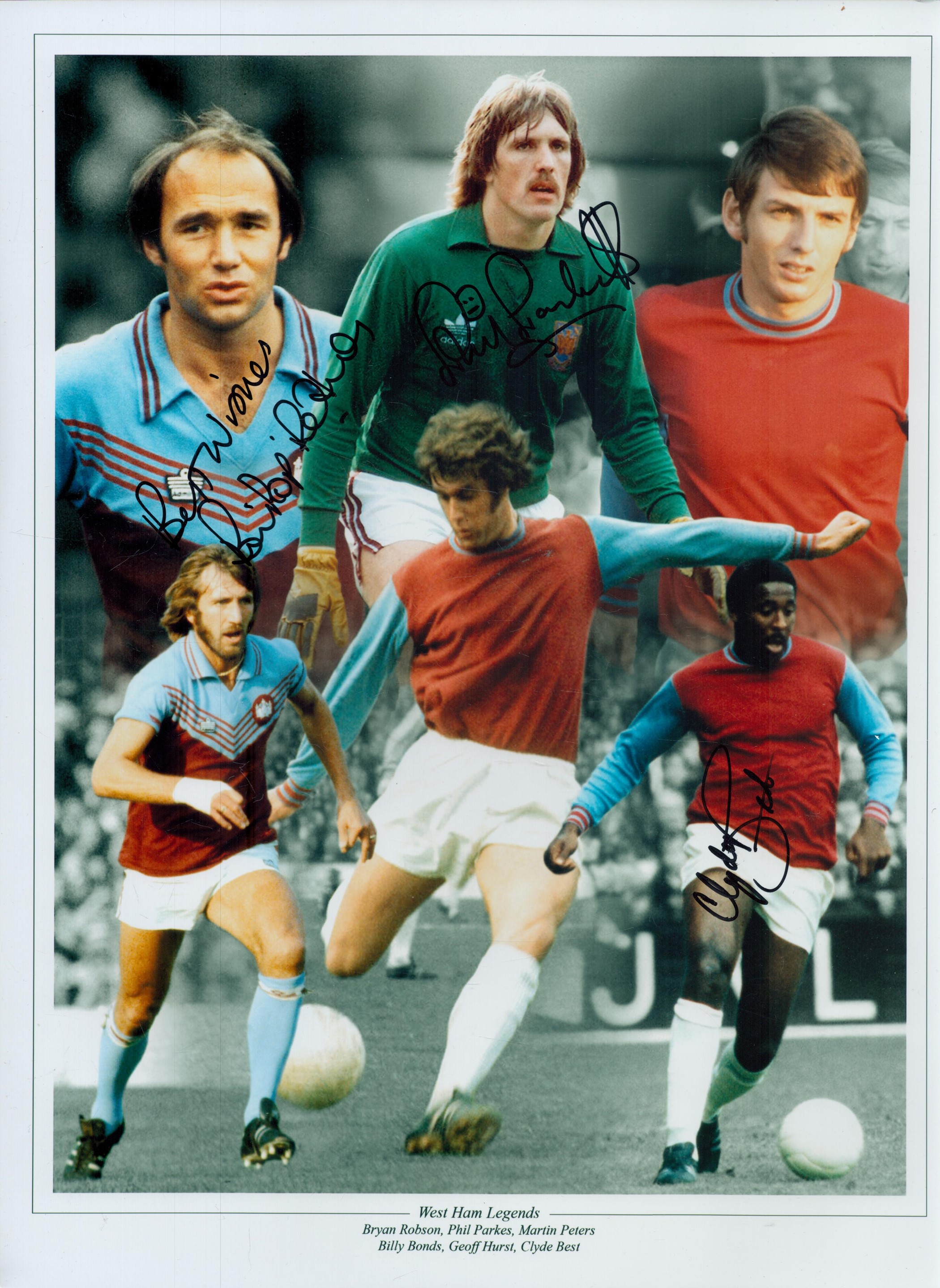 West Ham Legends Bryan Pop Robson, Phil Parkes and Clyde Best signed 16x12 inch colourised montage