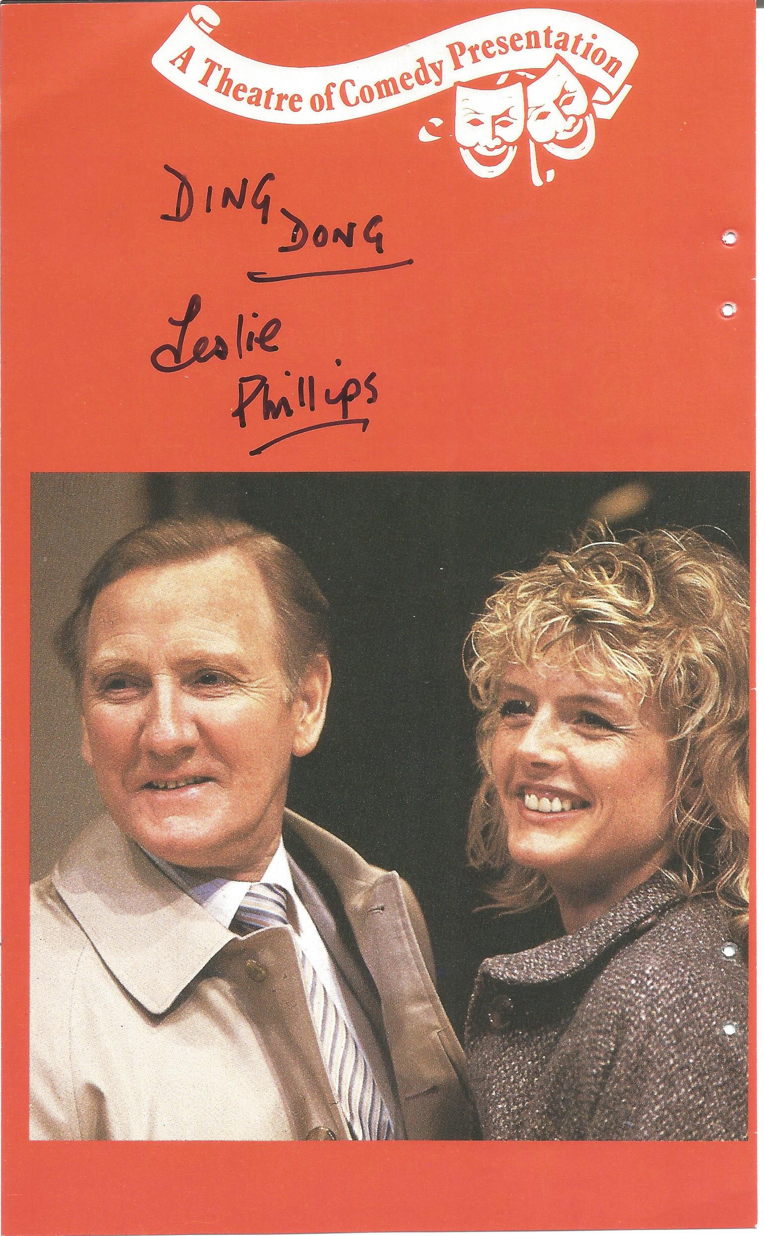 Leslie Phillips signed 8x5 inch Theatre Flyer. Good Condition. All autographs come with a