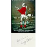 NOBBY STILES 1942-2020 signed card with Manchester United Photo . Good Condition. All autographs