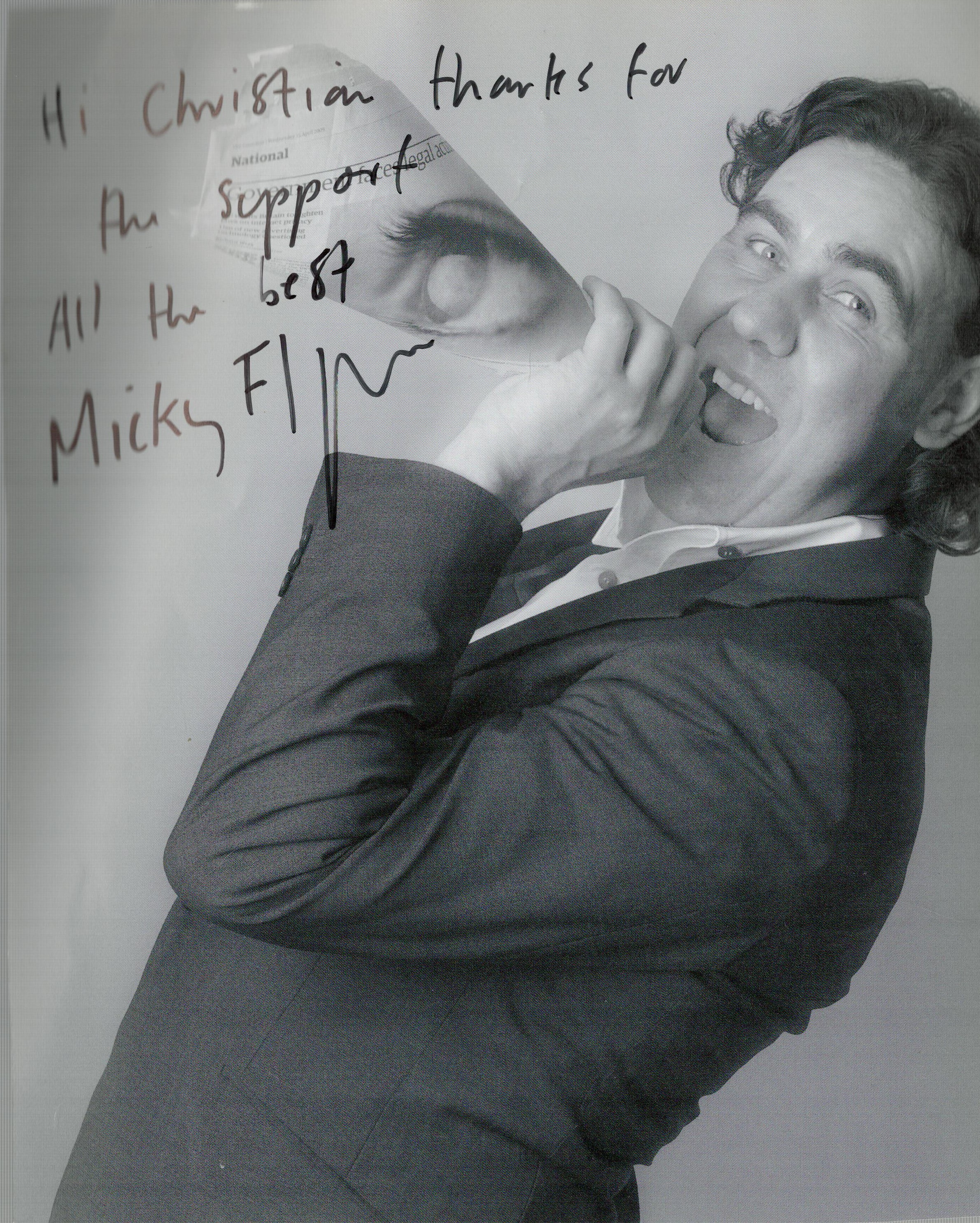 Micky Flanagan signed 10x8 inch black and white photo dedicated. Good Condition. All autographs come