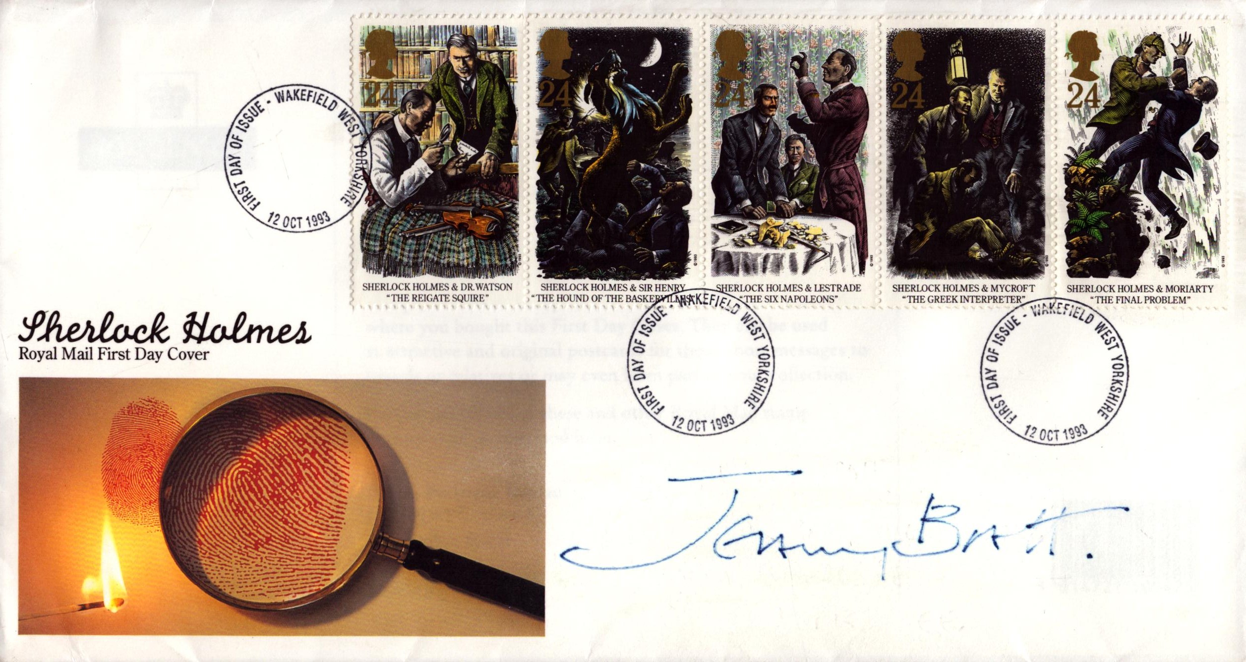 Jeremy Brett (1933-1995), a signed Sherlock Holmes FDC. Brett played Sherlock Holmes in all four