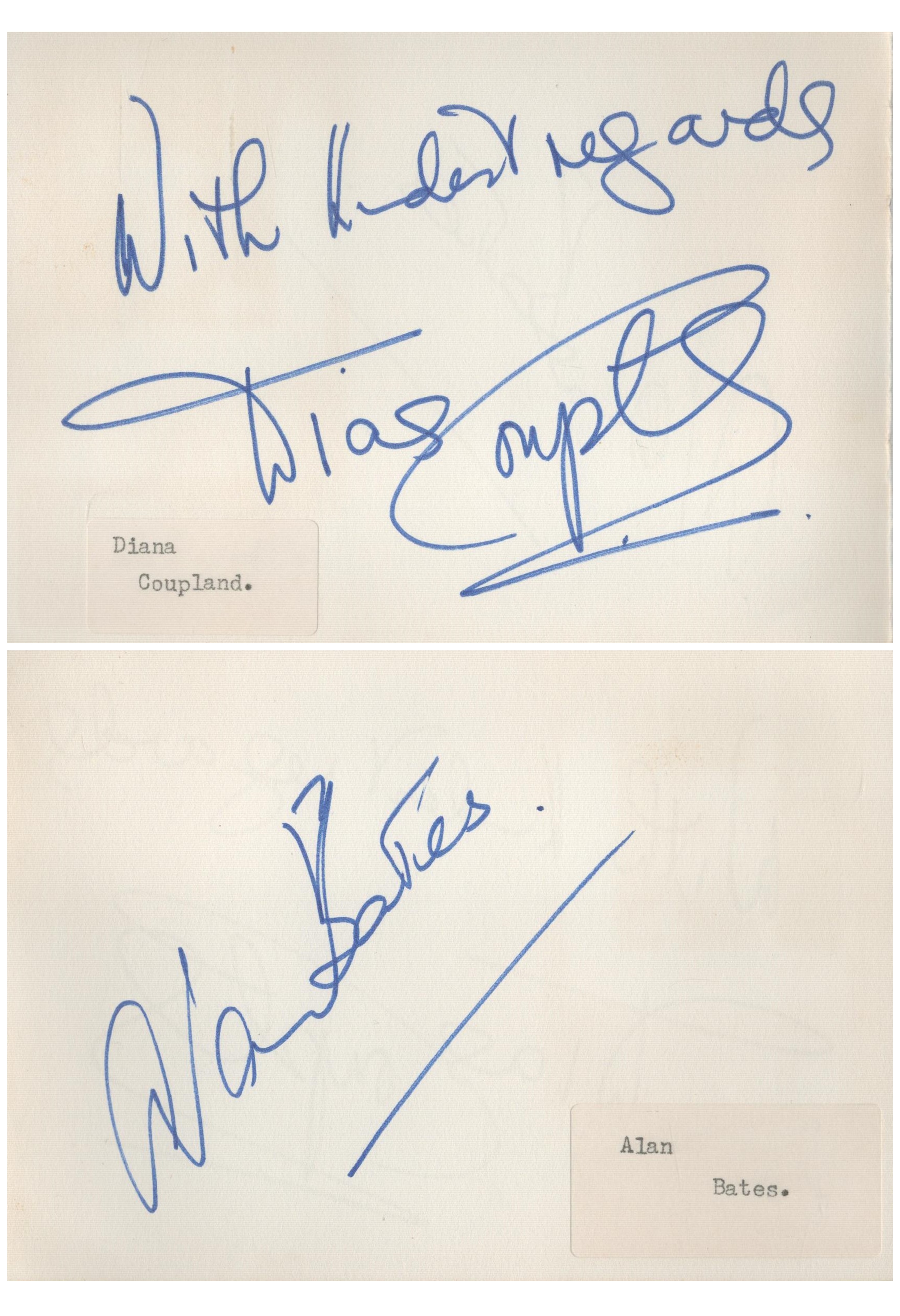Alan Bates signed 6x4 inch album page with Diana Coupland on reverse side. Good Condition. All