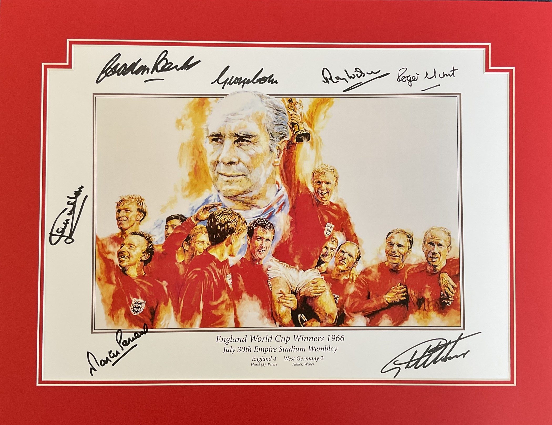 England world cup winners 1966 multi signed framed print, Gordon Banks, Ray Wilson, Roger Hunt,