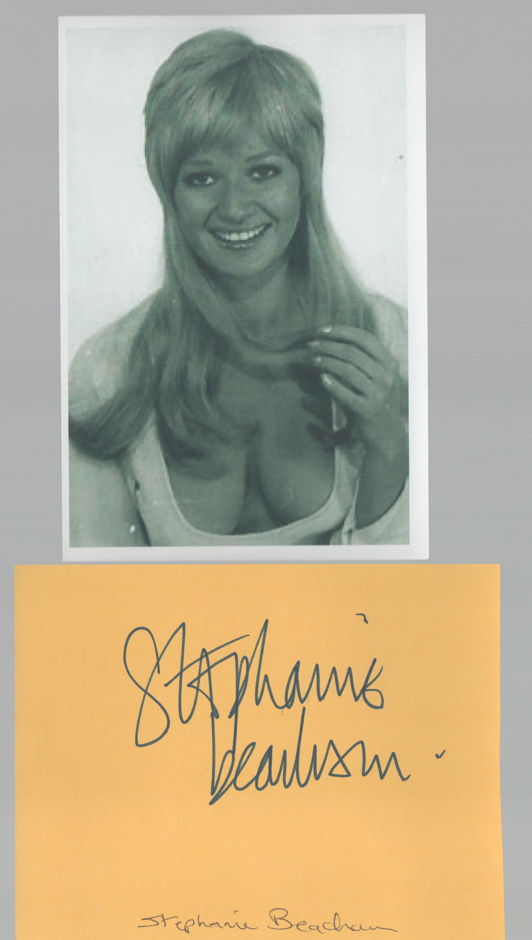 Stephanie Beacham signed album page and 6x4 inch vintage black and white photo. Good Condition.