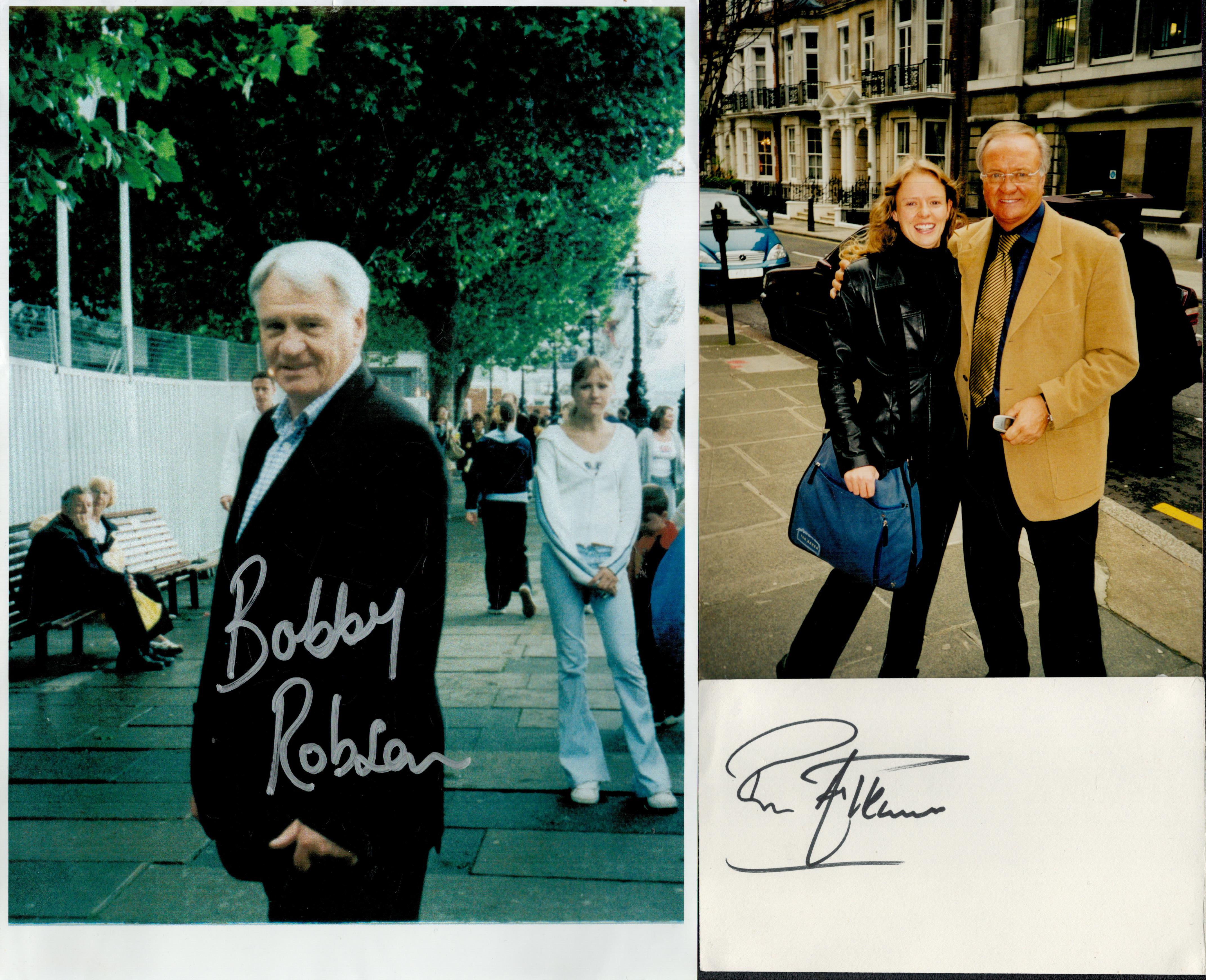 Football manager collection of 3 signed photos and 1 signed white card with names of Bobby Robson,