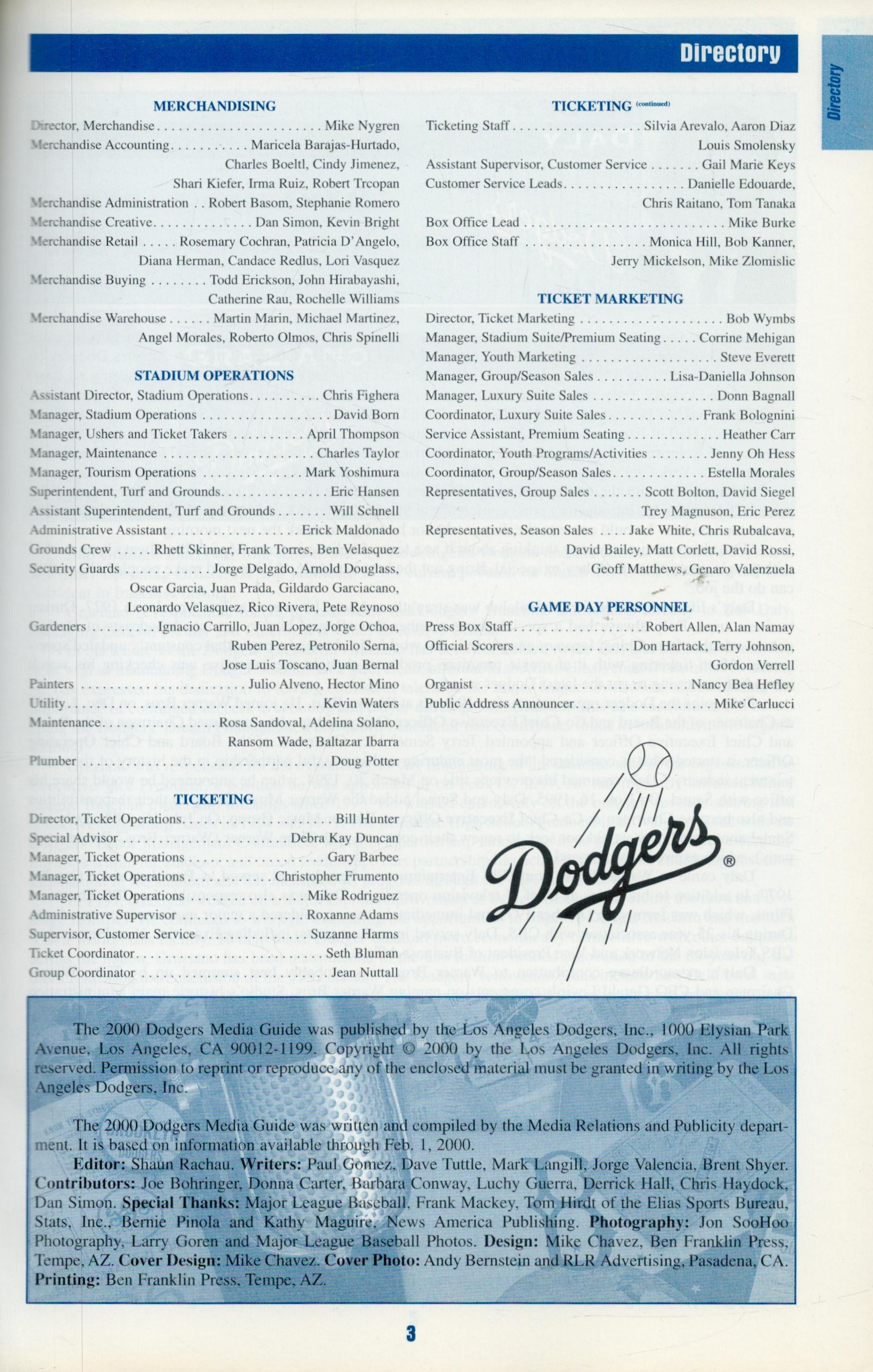 Los Angeles Dodgers 2000 Media Guide Paperback book, 348 pages. Good Condition. All autographs - Image 2 of 2