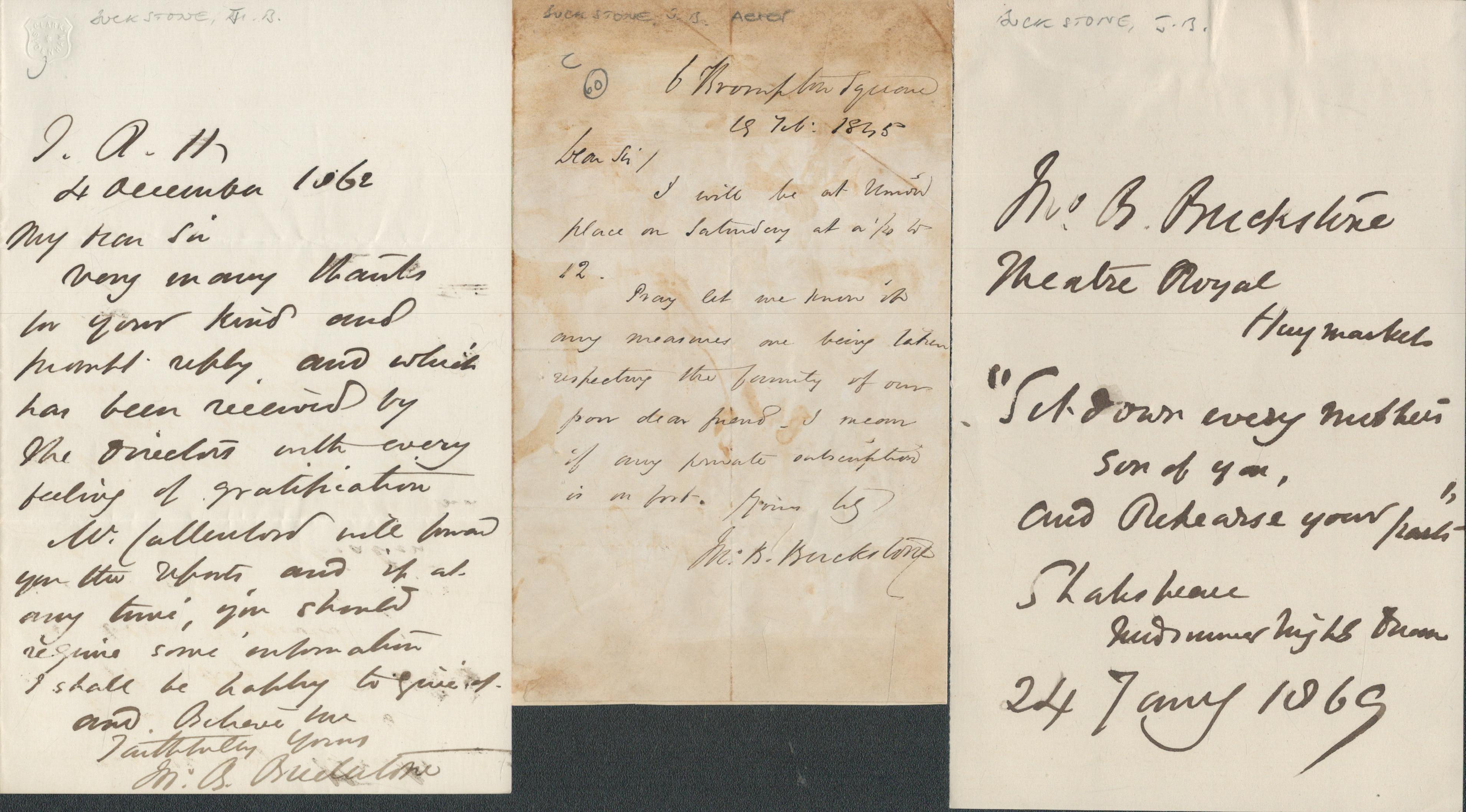 John Baldwin Buckstone signed letters. Three ALS by John Baldwin Buckstone (14 September 1802 - 31