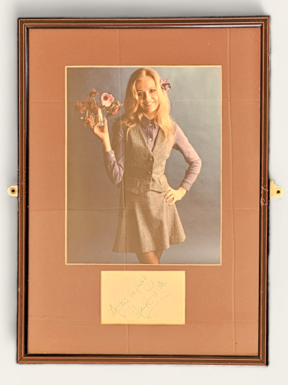 Hayley Mills signature piece with colour photo. Framed. Measures 12 inch by 16-inch appx. Good