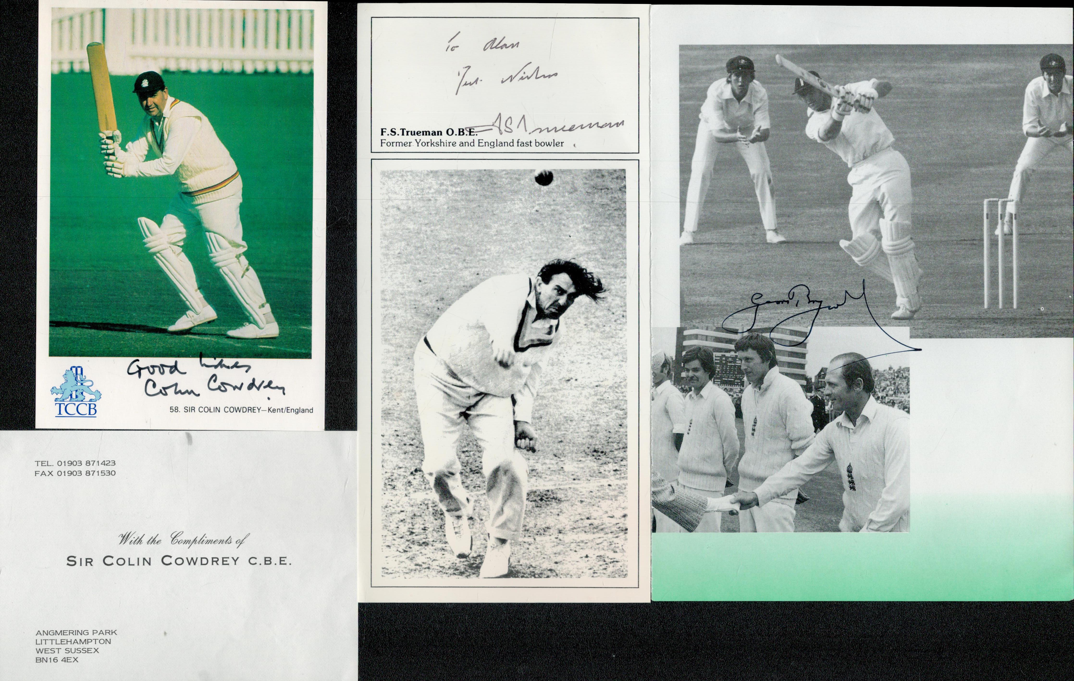 Cricket legends collection of 4 signed promo photos with names of Geoffrey Boycott, Fred Trueman,