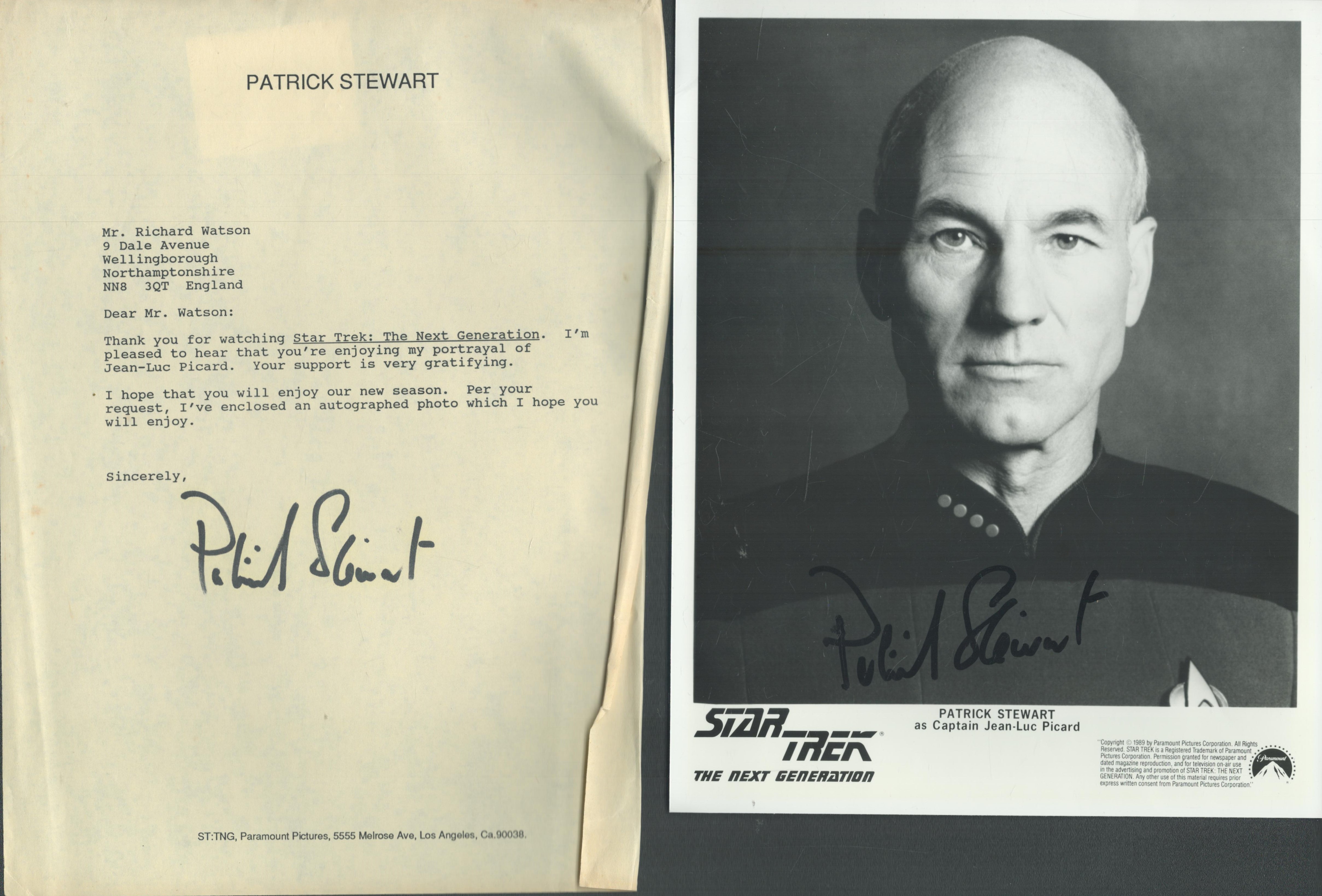 Patrick Stewart signed 10x8 inch Star Trek The Next Generation black and white promo photo with