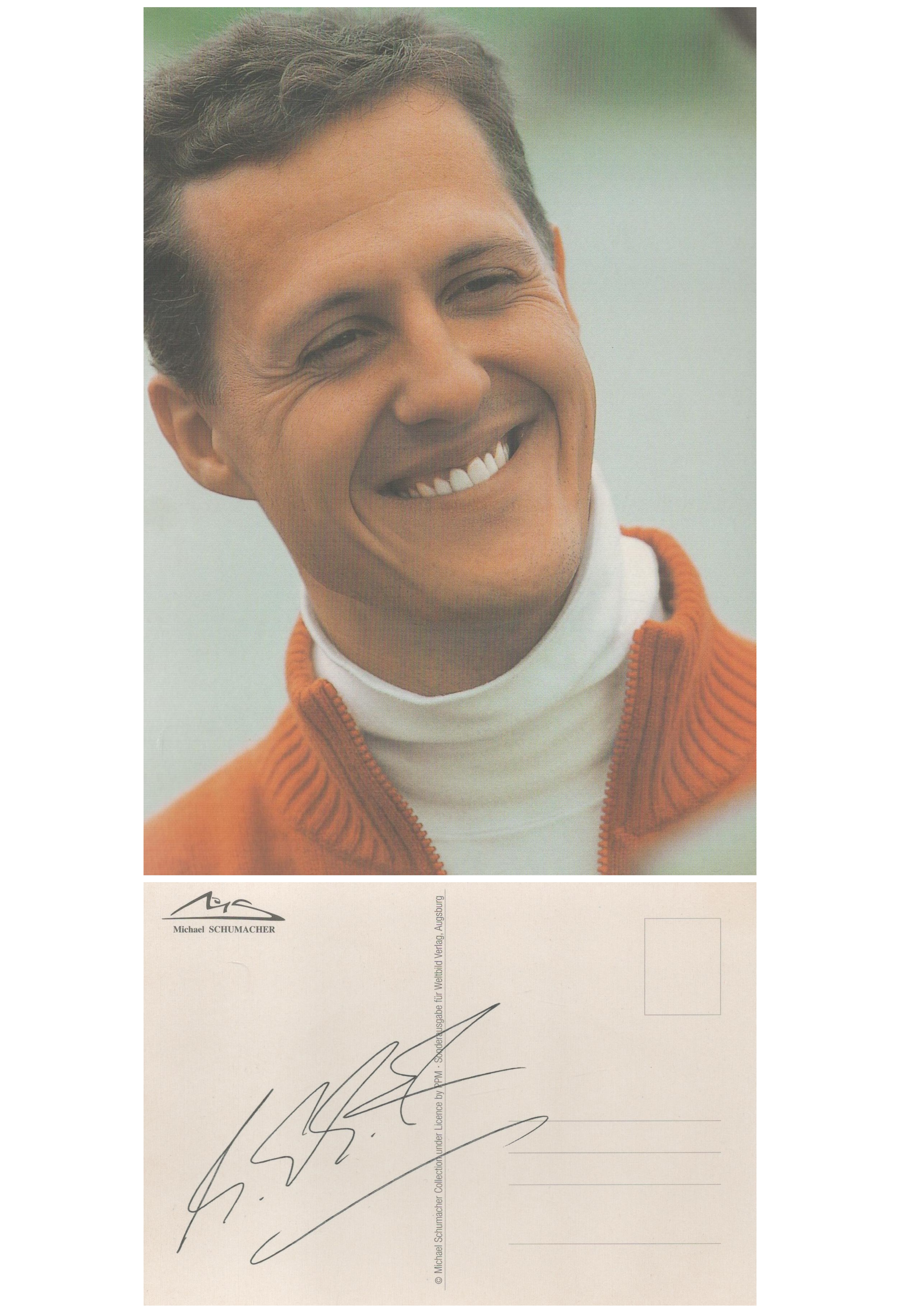 Michael Schumacher signed 6x4 inch colour post card photo signature on reverse side. Good Condition.