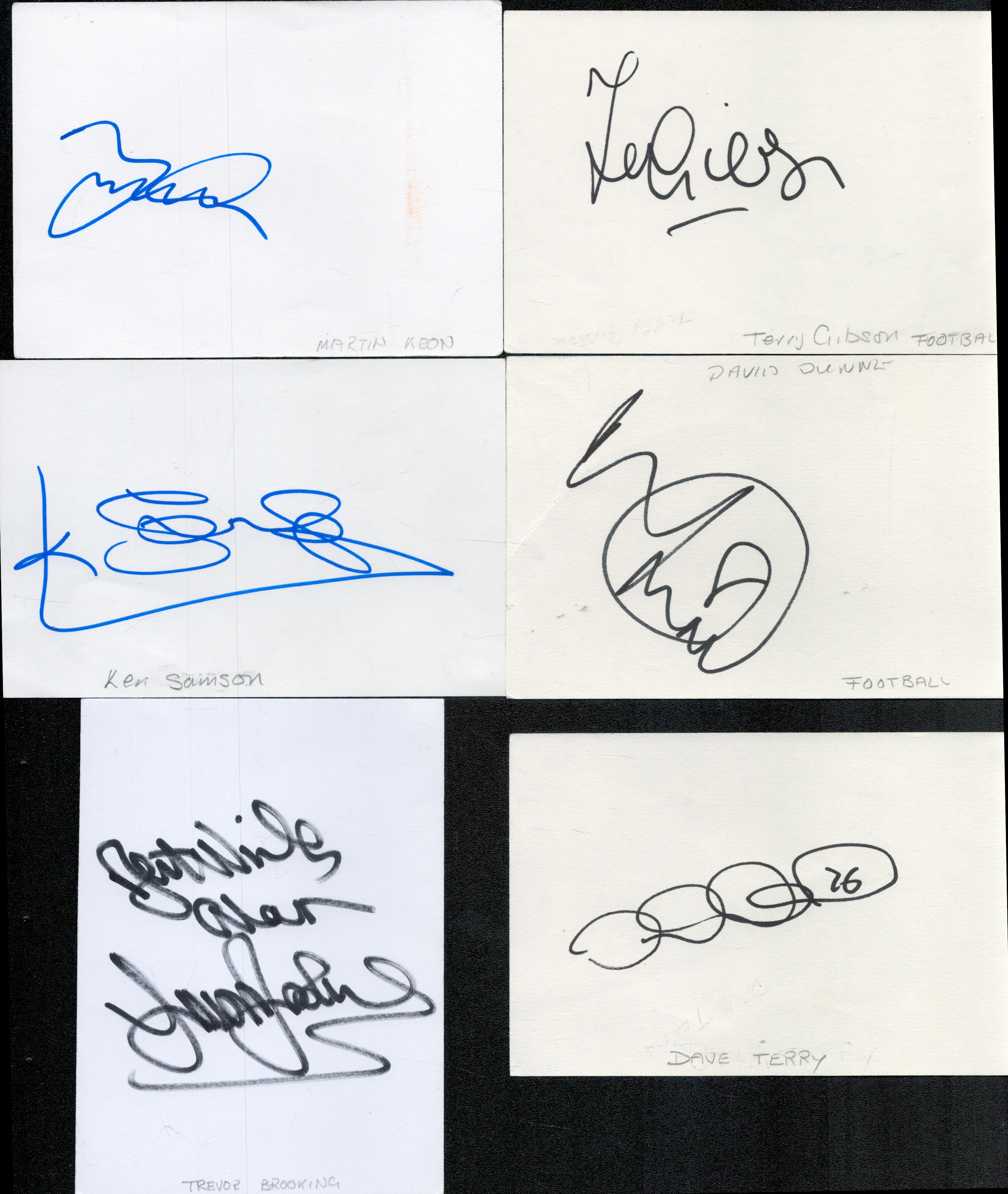 Football collection of 6 signed white cards includes names of Terry Gibson, Martin Keown, Trevor