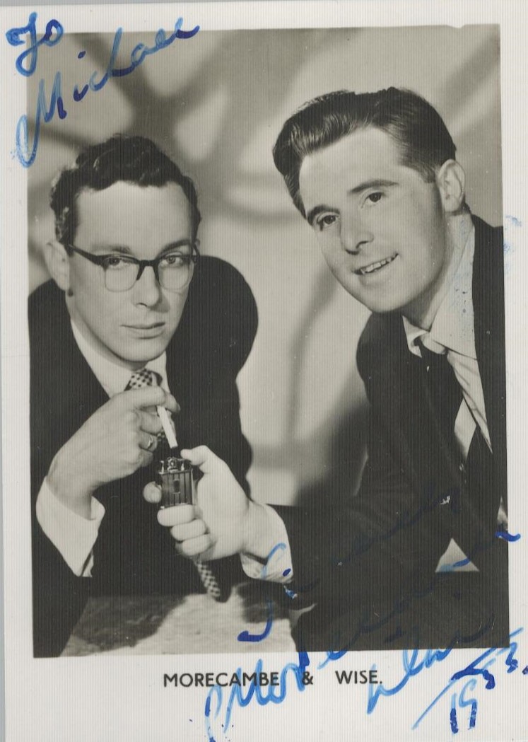 Morecambe and Wise signed 3x3 inch vintage black and white photo dated 1953. Good Condition. All
