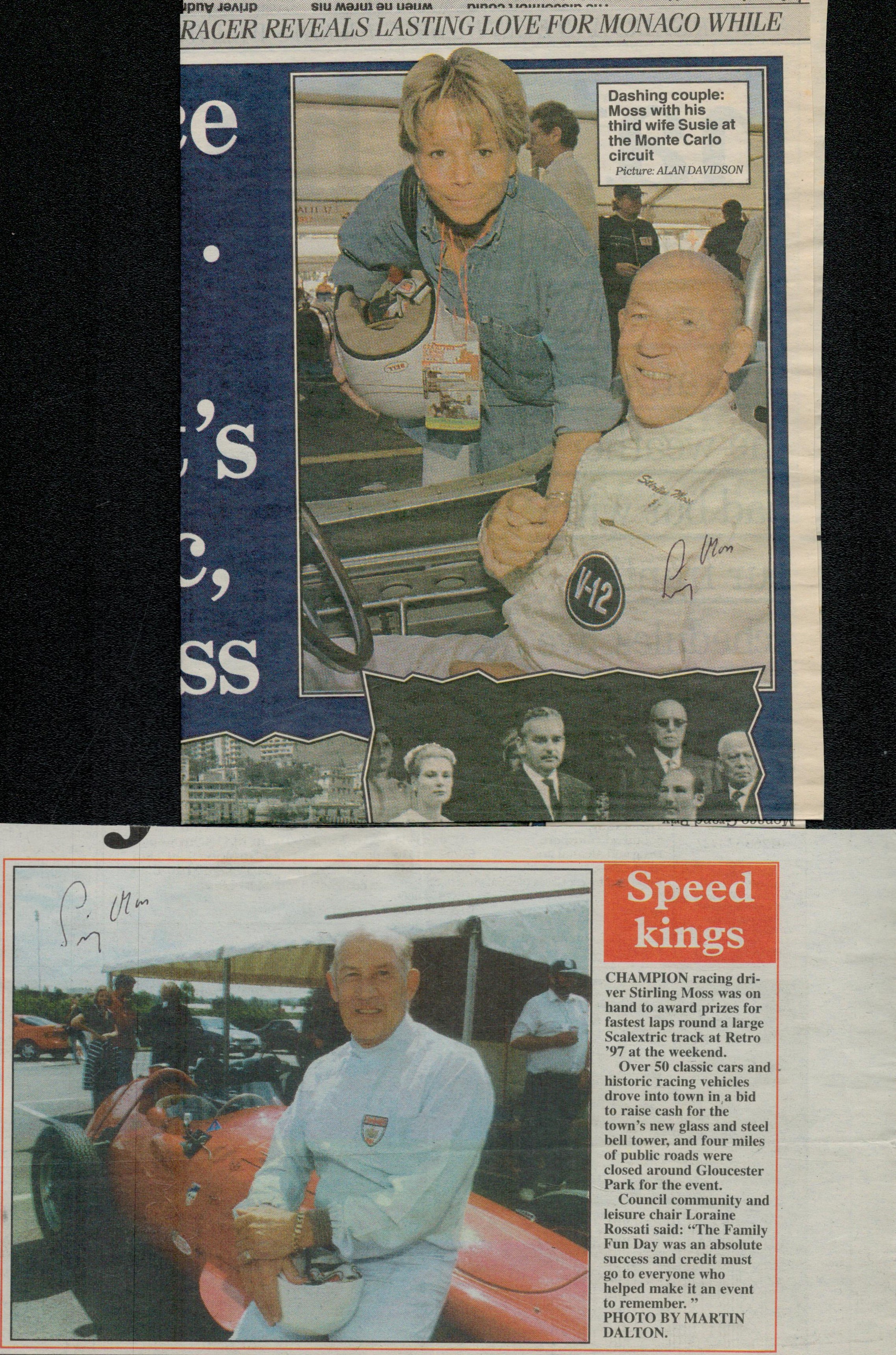Stirling Moss signed newspaper clippings and card with unsigned photo and Jack Brabham signed